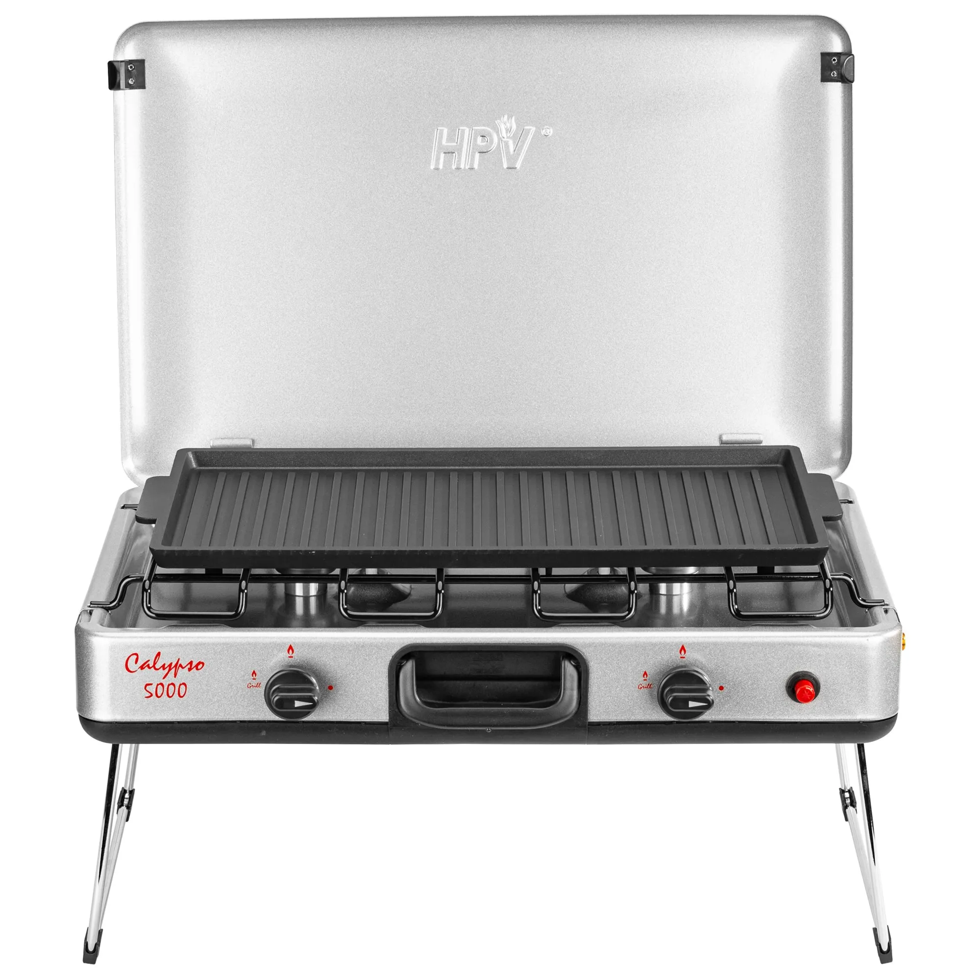 Silberner Gasgrill mit geöffneter Haube, schwarzer geriffelter Kontaktgrillfläche, zwei Drehreglern und Standbeinen