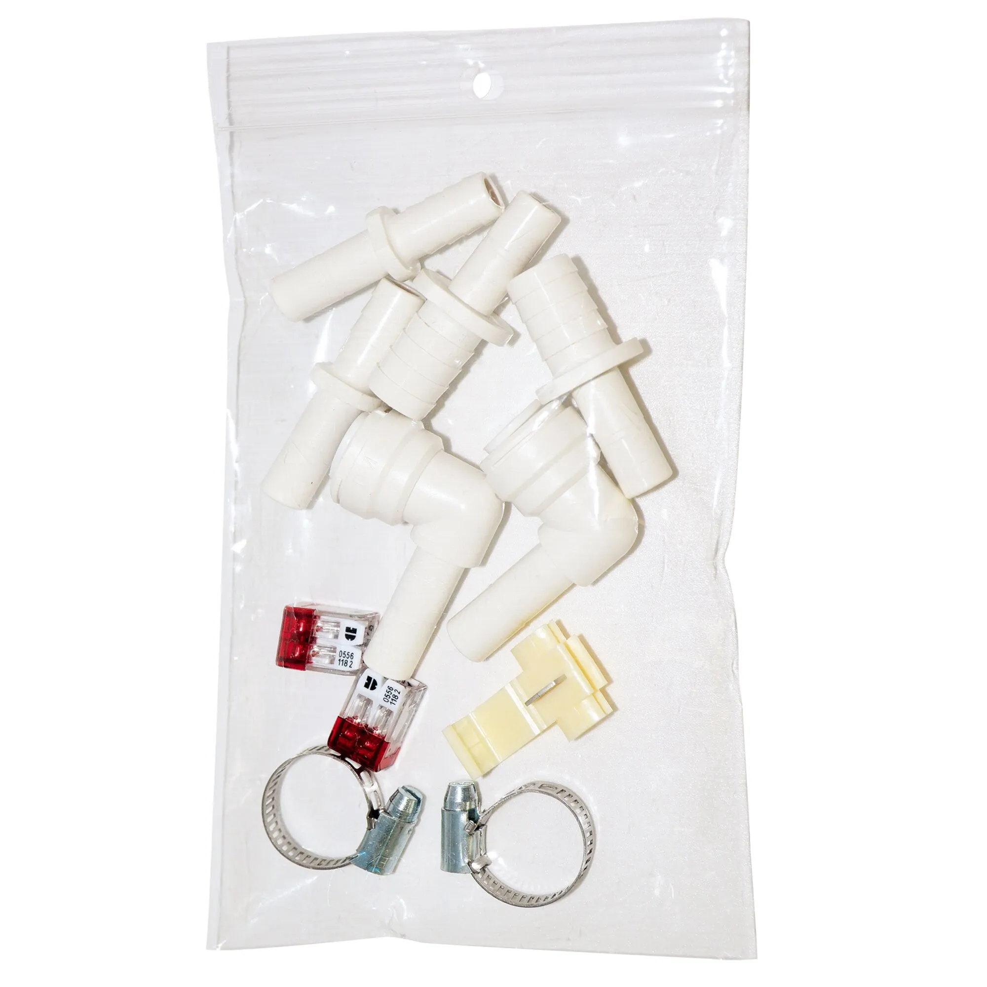 Einbaukit Desolyt Compact One Standard mit weißen Kunststoffverbindern, roten Klemmen, gelben Halterungen und zwei Metallschellen in Verpackung
