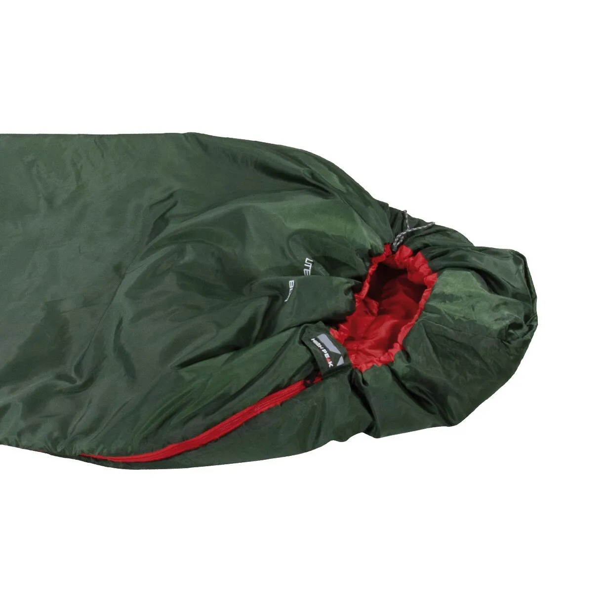 Grüner Mumienschlafsack Lite Pak 800 mit rotem Innenfutter, rotem Reißverschluss und verstellbarer Kapuze in Detailansicht