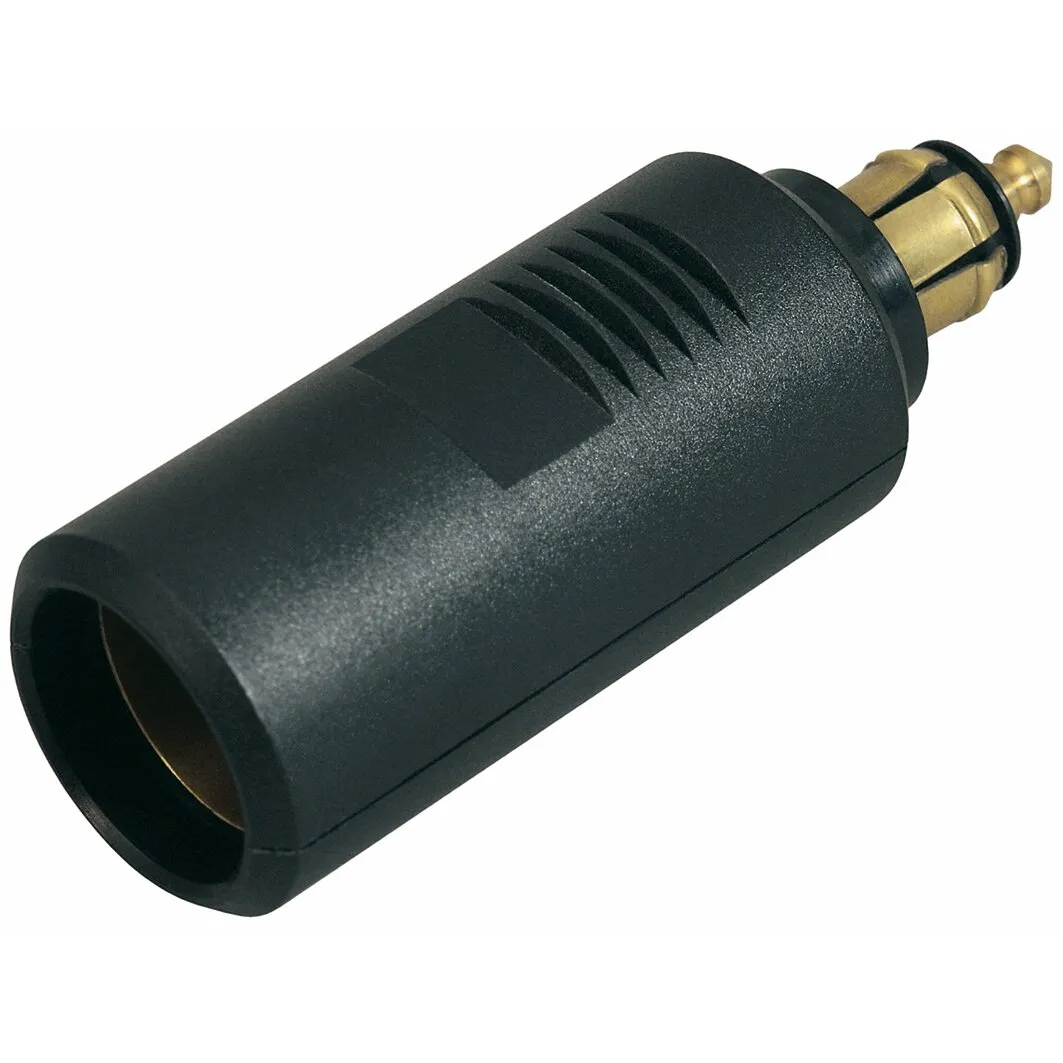 Schwarzer Normsteckdosen-Adapter mit zylindrischem Kunststoffgehäuse und sichtbaren Messingkontakten an beiden Enden