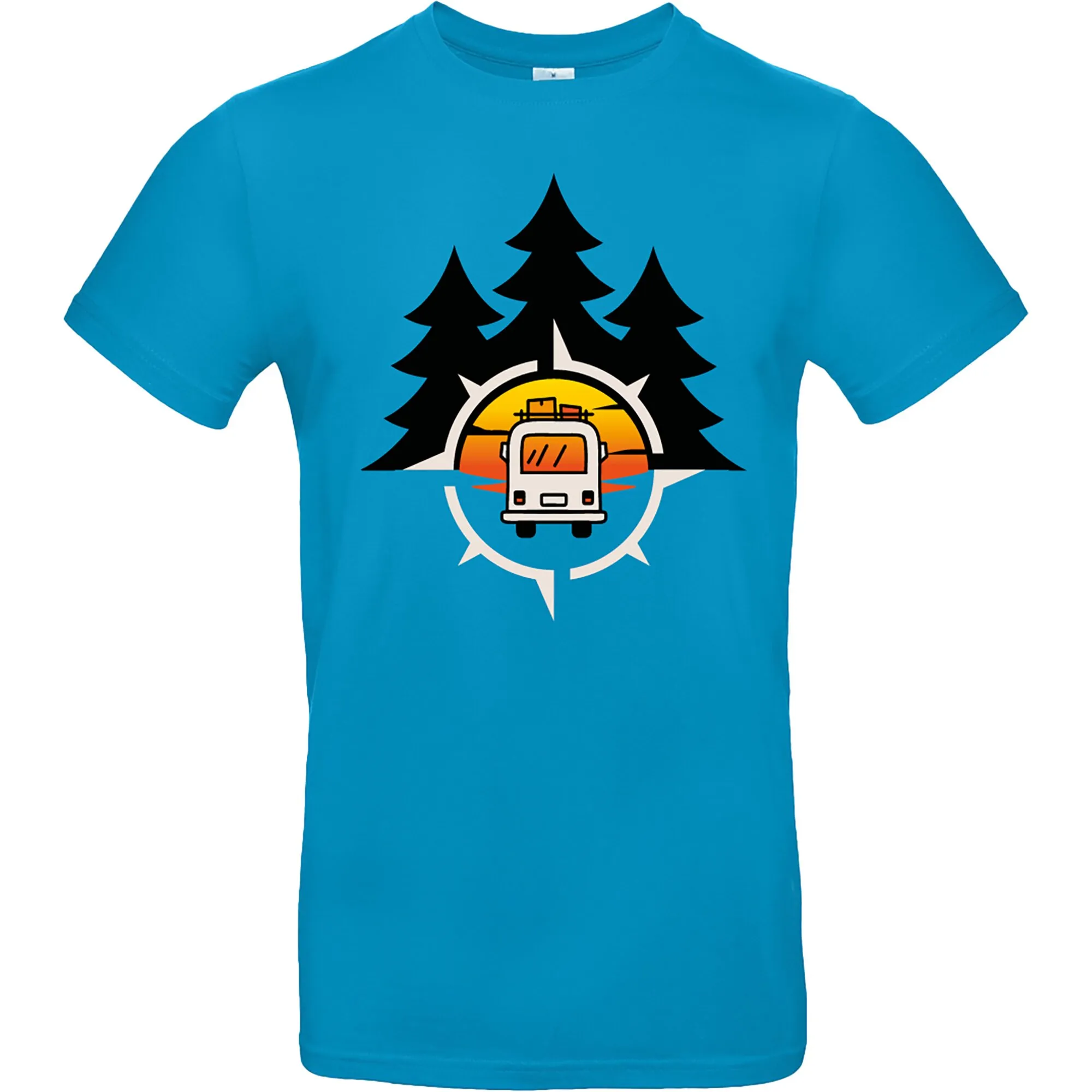 Hawaii-blaues T-Shirt Vanlife 2 in Größe L mit schwarzem Tannenmotiv und Camper-Illustration vor Sonnenuntergang
