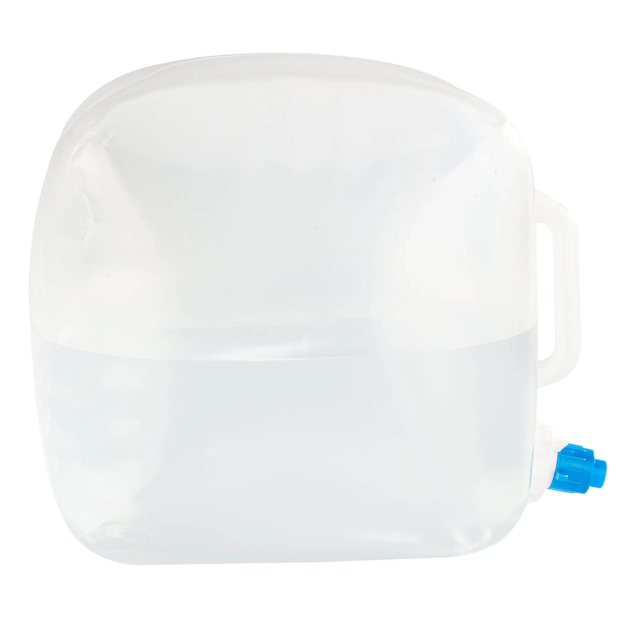 Transparenter faltbarer 15-Liter-Kanister mit Tragegriff und blauem Auslaufhahn, teilweise mit Wasser gefüllt
