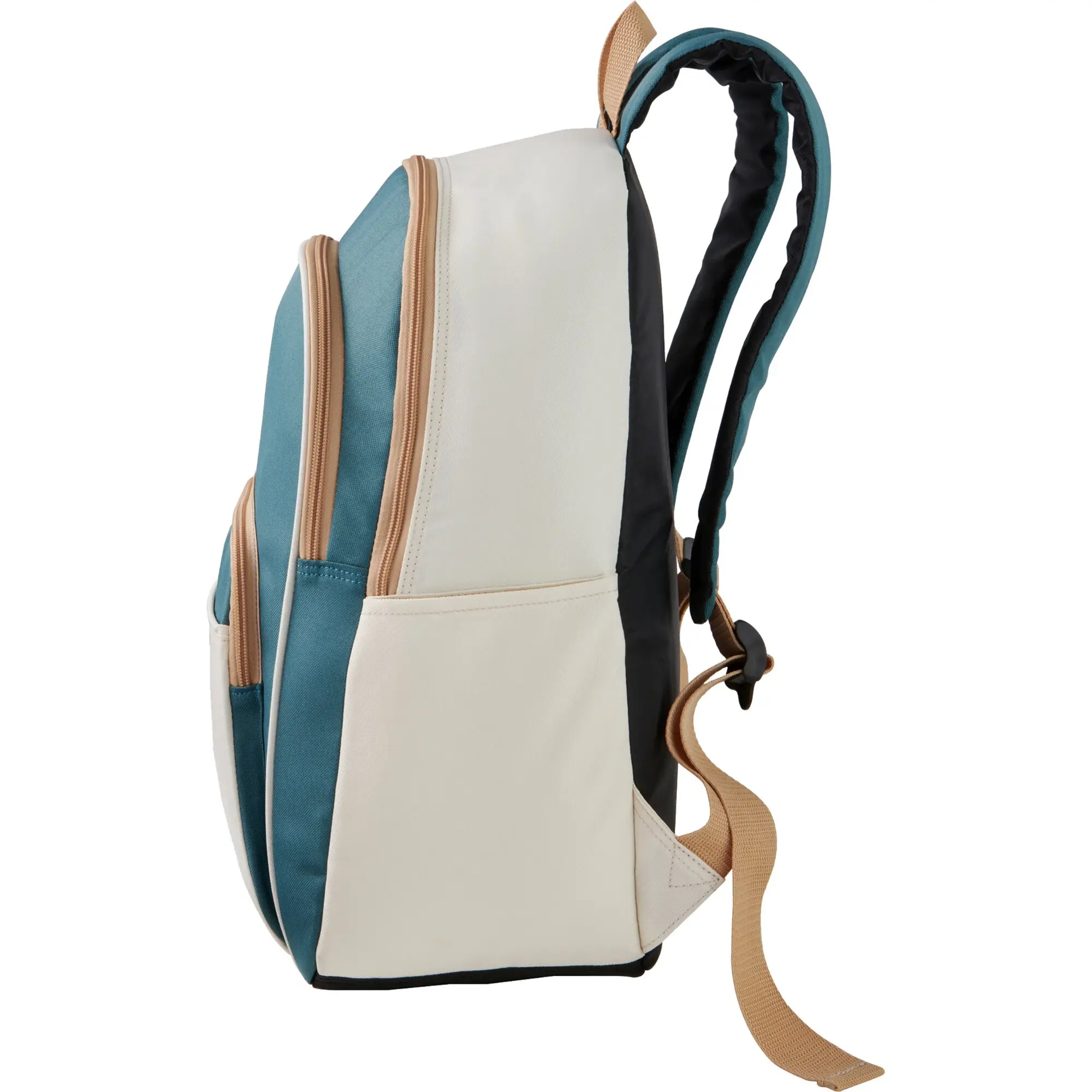 Seitenansicht eines Fold’N Cool 20L Kühlrucksacks in blauem Stoff mit hellbeigem Frontpanel, beigem Tragegurt und mehreren Reißverschlüssen