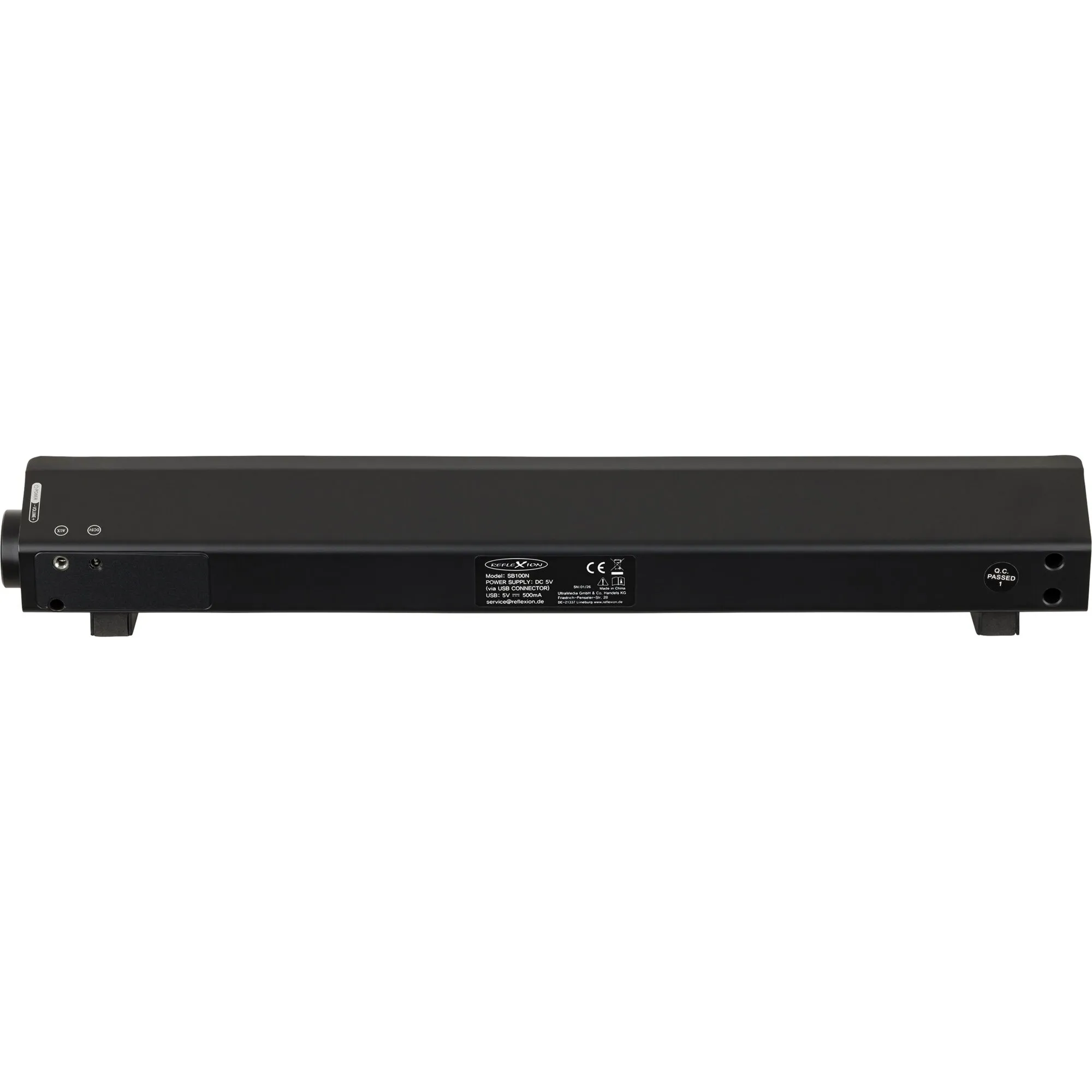 Schwarze Reflexion SB100 Soundbar in Rückansicht mit Standfüßen, Anschlüssen und Typenschild