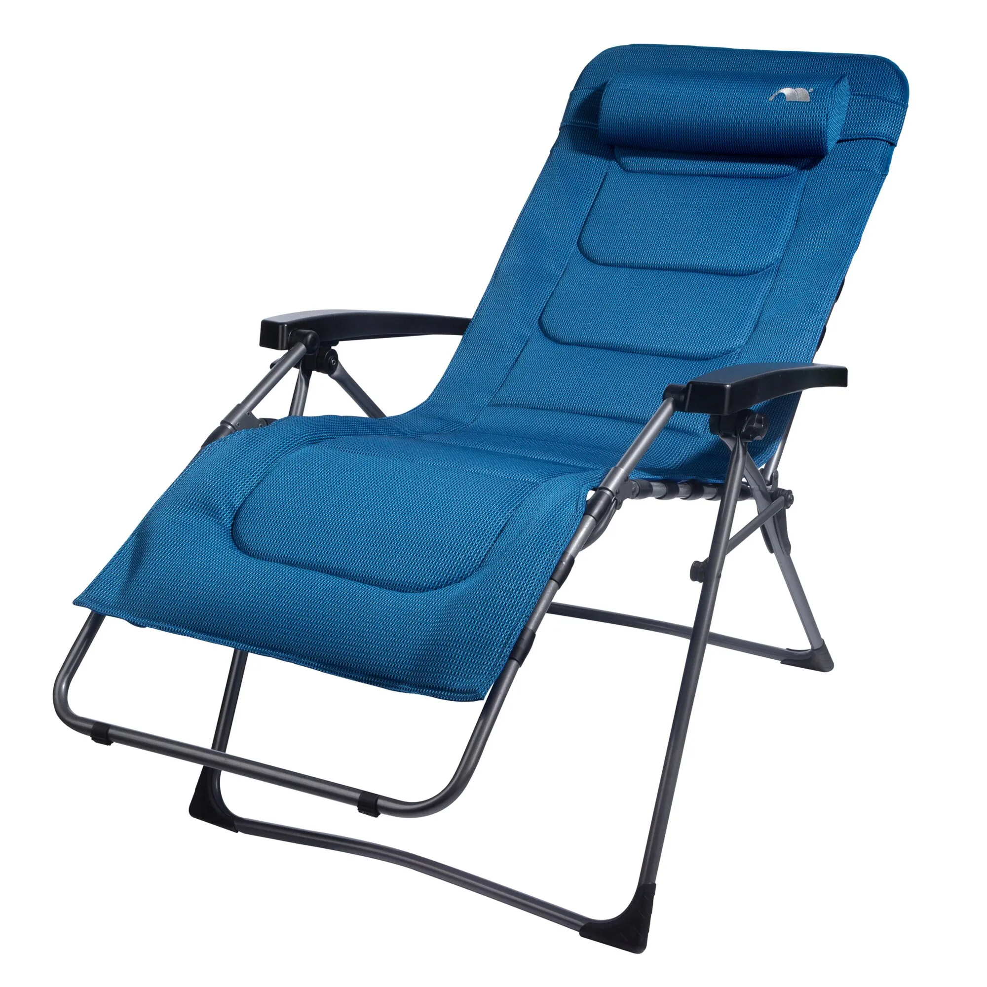 Blauer Relaxsessel HighQ mit verstellbarer Rückenlehne, gepolsterter Liegefläche, Armlehnen und schwarzem Metallgestell