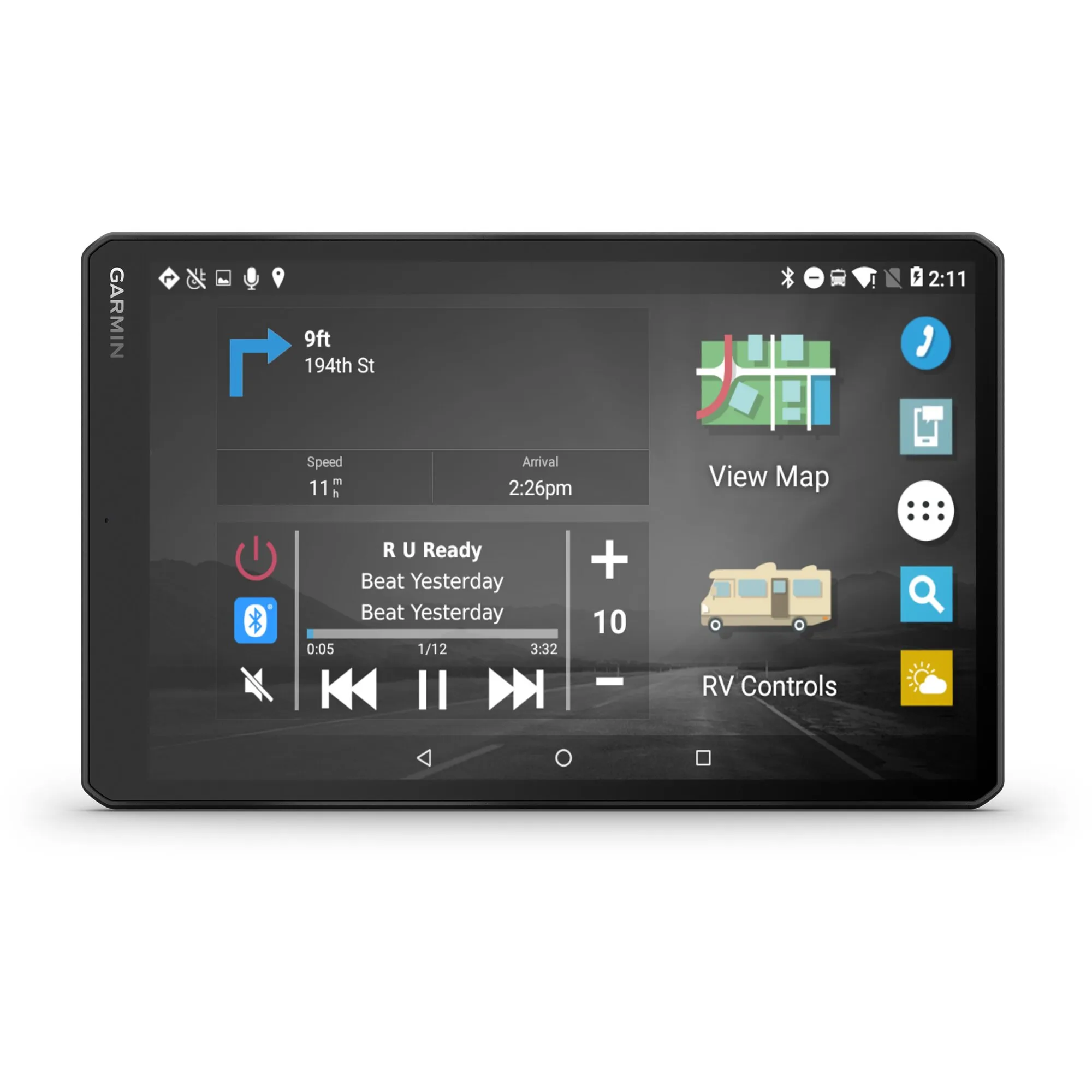 Garmin VIEO RV Bedienteil mit schwarzem 10,1-Zoll-Touchscreen und Navigations-, Medien- sowie RV-Steuerungsmenü