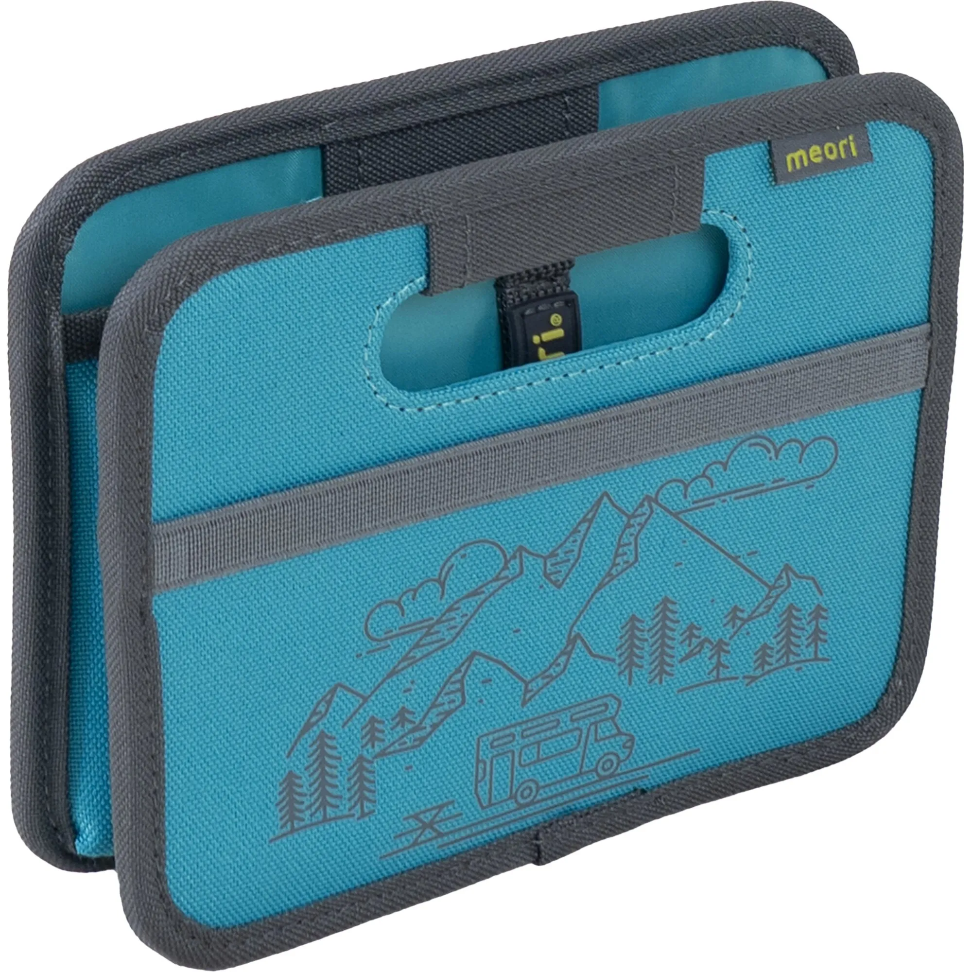 Faltbox meori Mini in Azurblau mit dunkelgrauem Rand, Tragegriffen und Wohnmobil-Motiv vor Berg- und Waldlandschaft