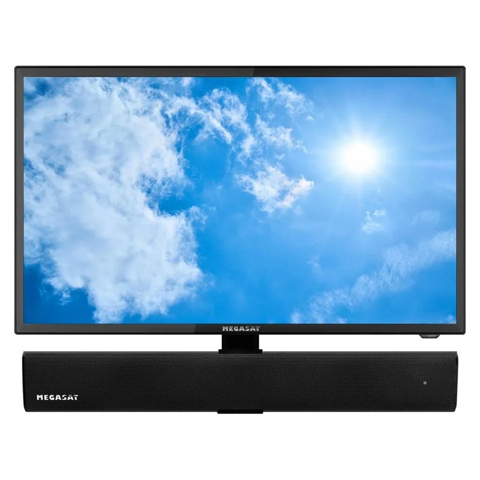 Schwarze Soundbar Klangwunder V von Megasat unter einem Fernseher mit blauem Himmel auf dem Bildschirm
