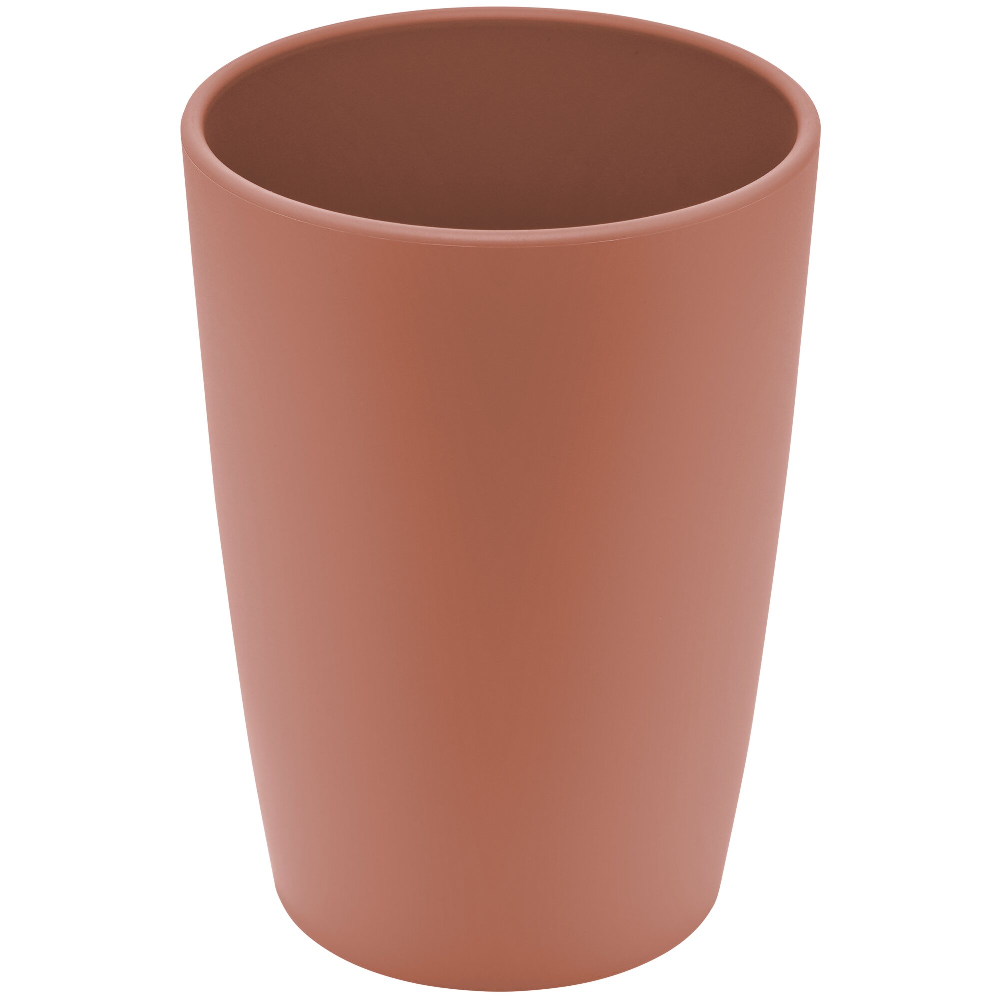 Trinkbecher 340 ml terracotta, runde Form mit glatter Oberfläche, Innen dunklerer Farbton, Nahaufnahme der oberen Kante ohne Griff