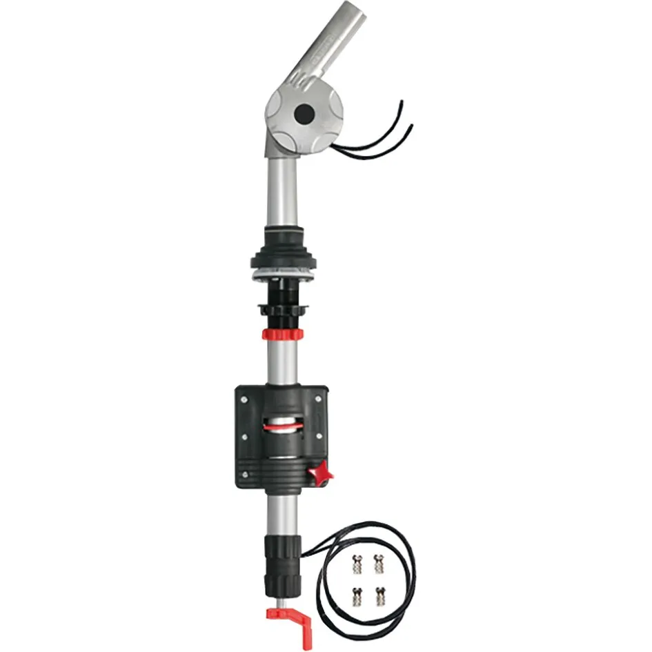 Sat-Gelenkmast HDM 141 aus silbernem Metall mit schwarzer Klemmhalterung, roten Hebeln, Kabeln und Befestigungsschrauben