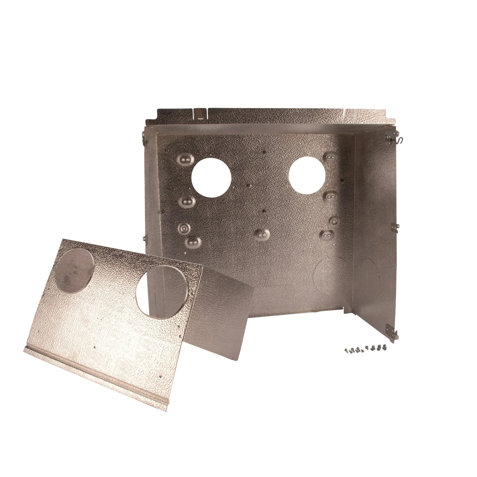 Einbaukasten aus strukturierten Metallblechen für zwei Gebläse, mit zwei runden Öffnungen, separater Abdeckung und Befestigungsschrauben