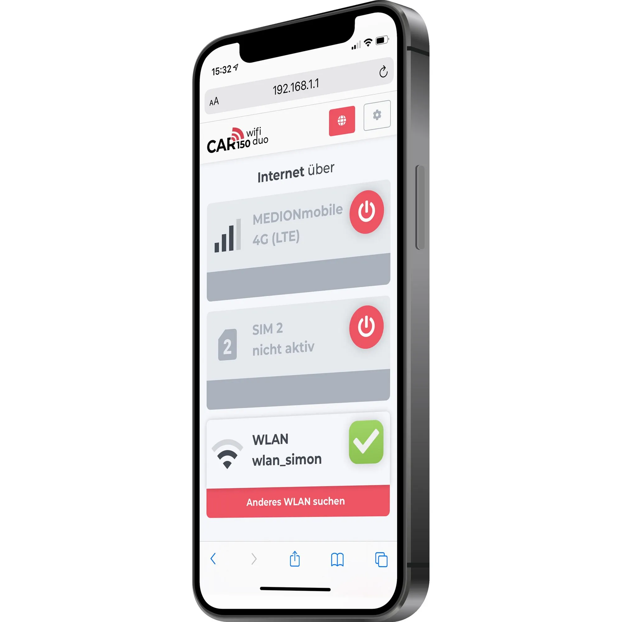 Smartphone mit Weboberfläche des CAR150 wifi duo: 4G über MEDIONmobile, SIM 2 deaktiviert und WLAN wlan_simon verbunden