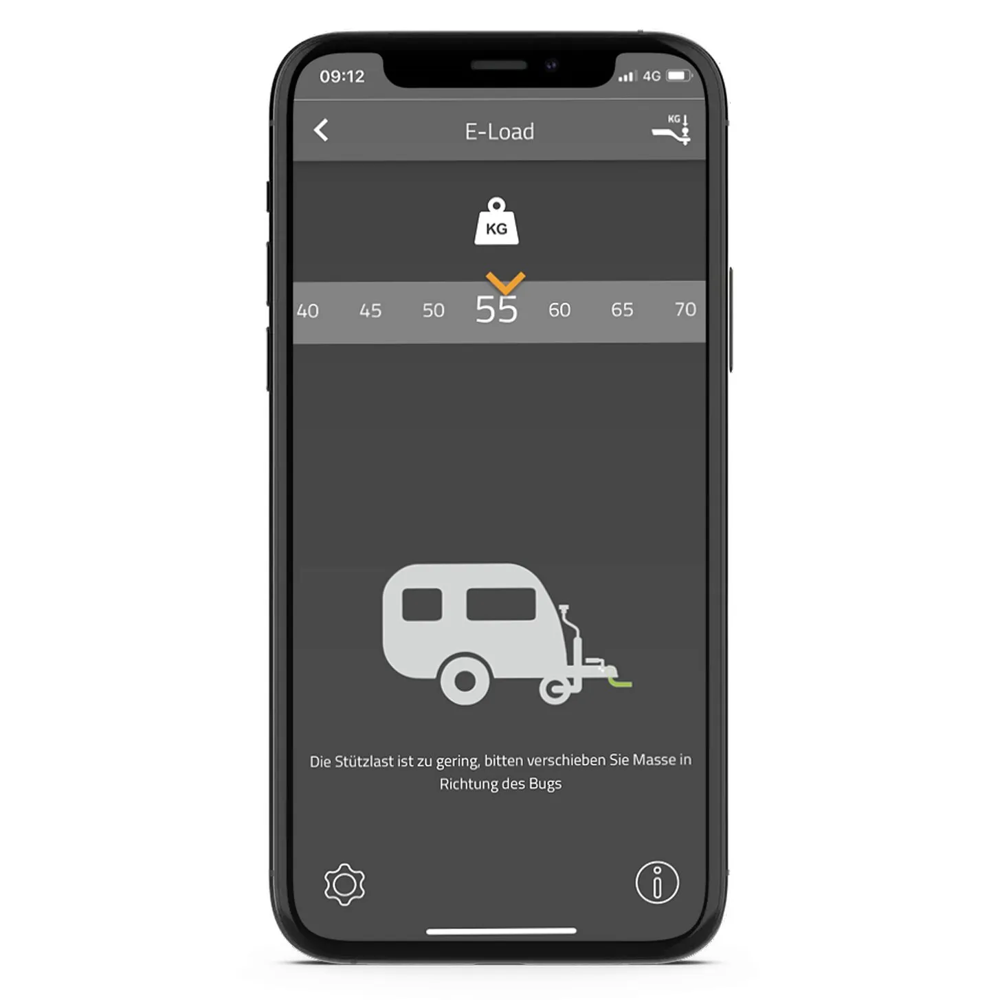 Smartphone mit E-Load-App für den E-Load Sensor, Anzeige von 55 kg Stützlast und Hinweis auf zu geringe Stützlast am Wohnanhänger