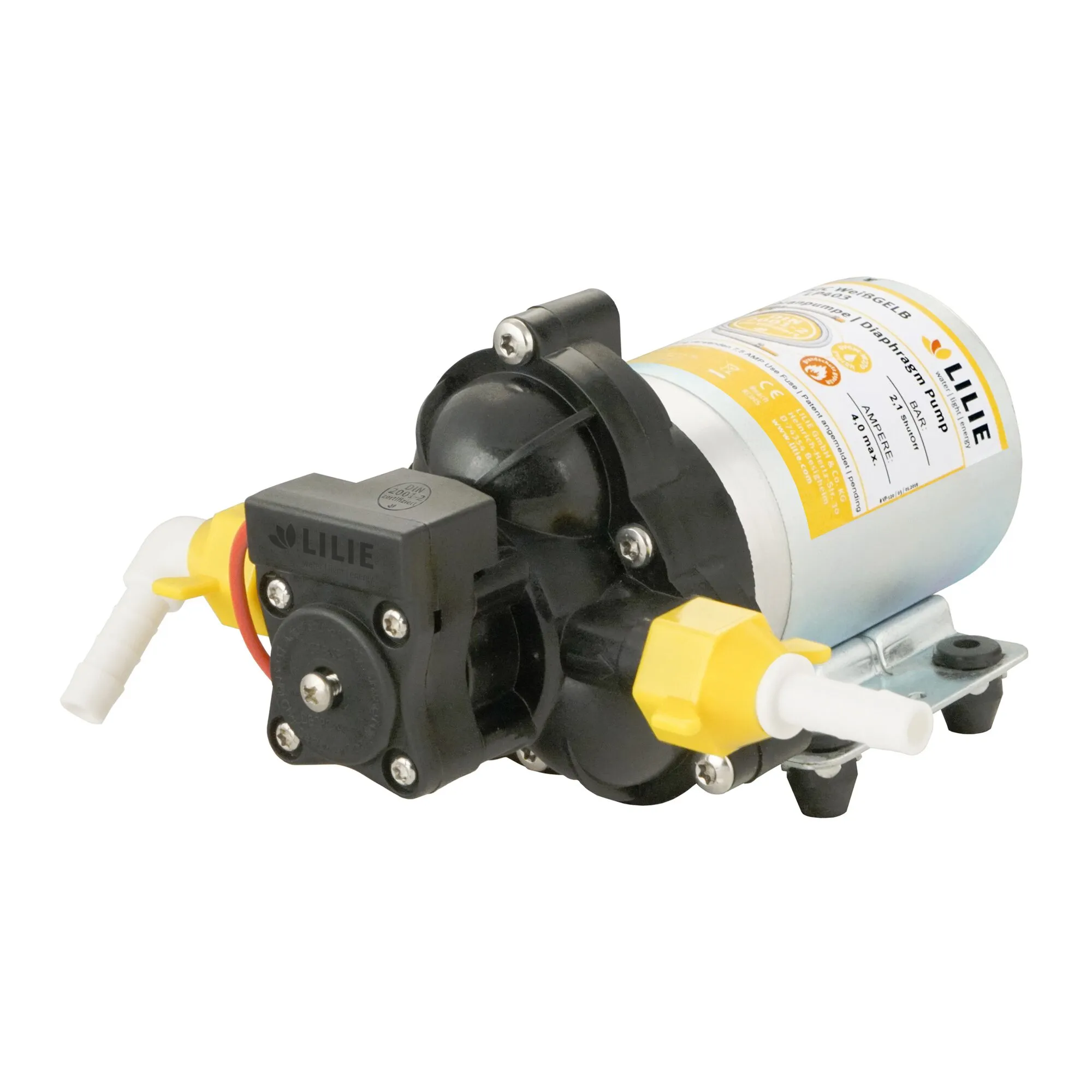 LILIE Membranpumpe der CLASSICSERIE™ für Trinkwassersysteme, schwarz-weiß-gelb, mit Anschlüssen und Montagehalterung