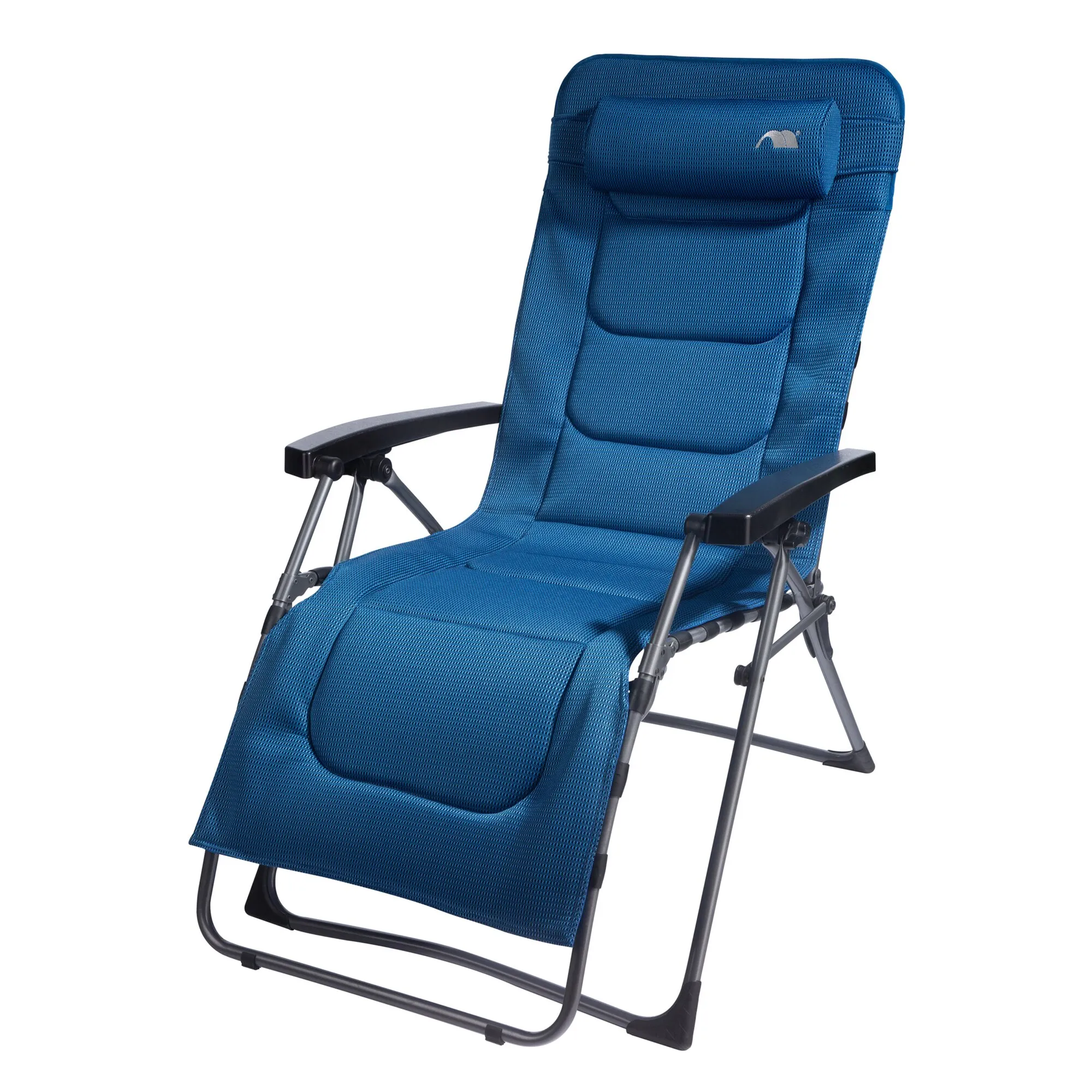 Blauer Relaxsessel HighQ mit gepolsterter Kopfstütze, Armlehnen und verstellbarer Liegefläche auf schwarzem Metallgestell