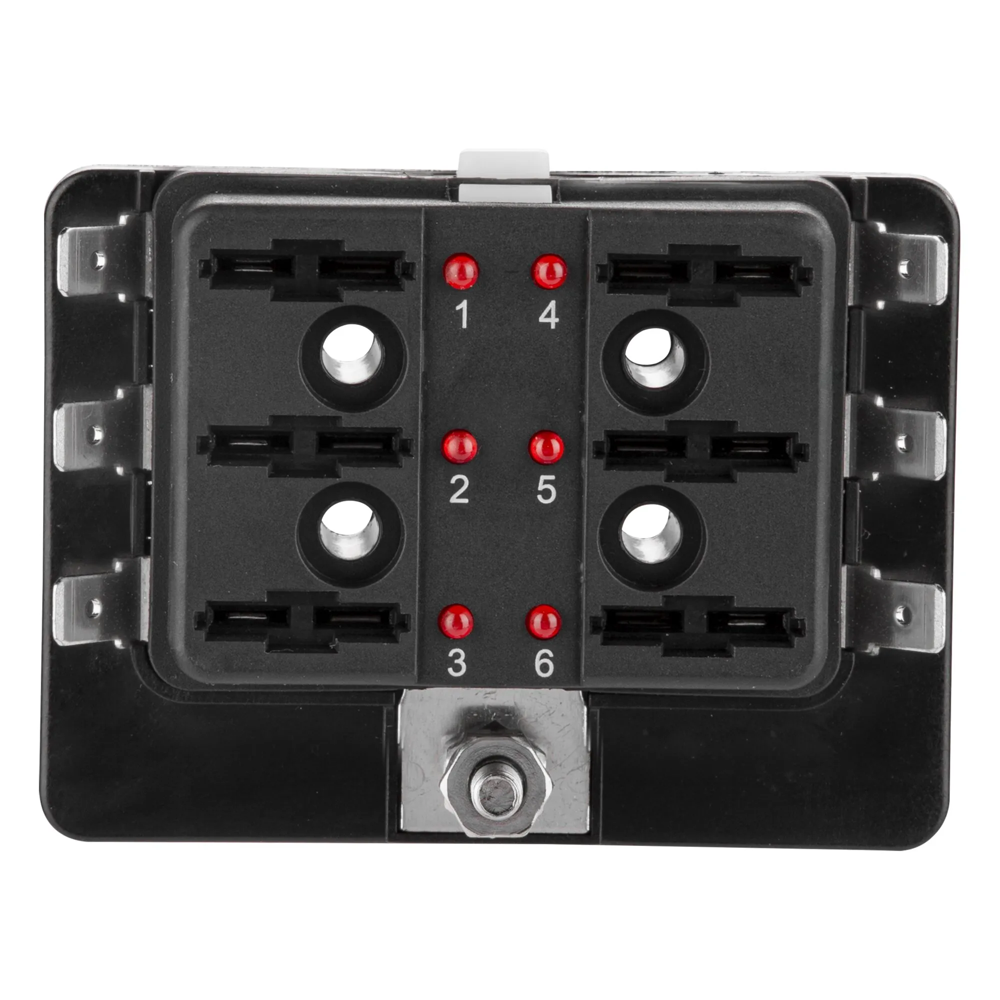 Schwarzer Sicherungshalter 6 FS-LED in Frontansicht mit sechs Sicherungsplätzen, sechs roten LED-Anzeigen und Metallanschlüssen