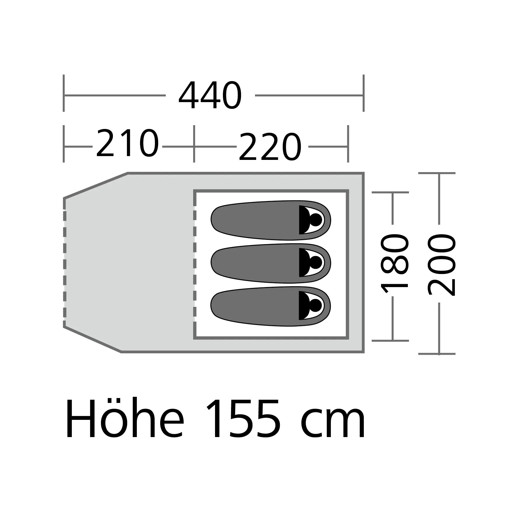 Grundriss des Tunnelzelts Chimney Rock 3 Plus Blackout für drei Personen, 440 × 280 cm, 155 cm hoch, mit Vorraum und drei Schlafplätzen