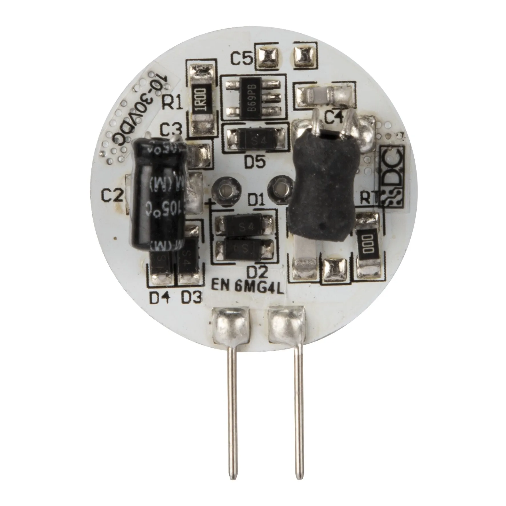 Rundes weißes G4-LED-Flachmodul mit sichtbarer Elektronik, zwei Anschlussstiften und 1 Watt Leistung