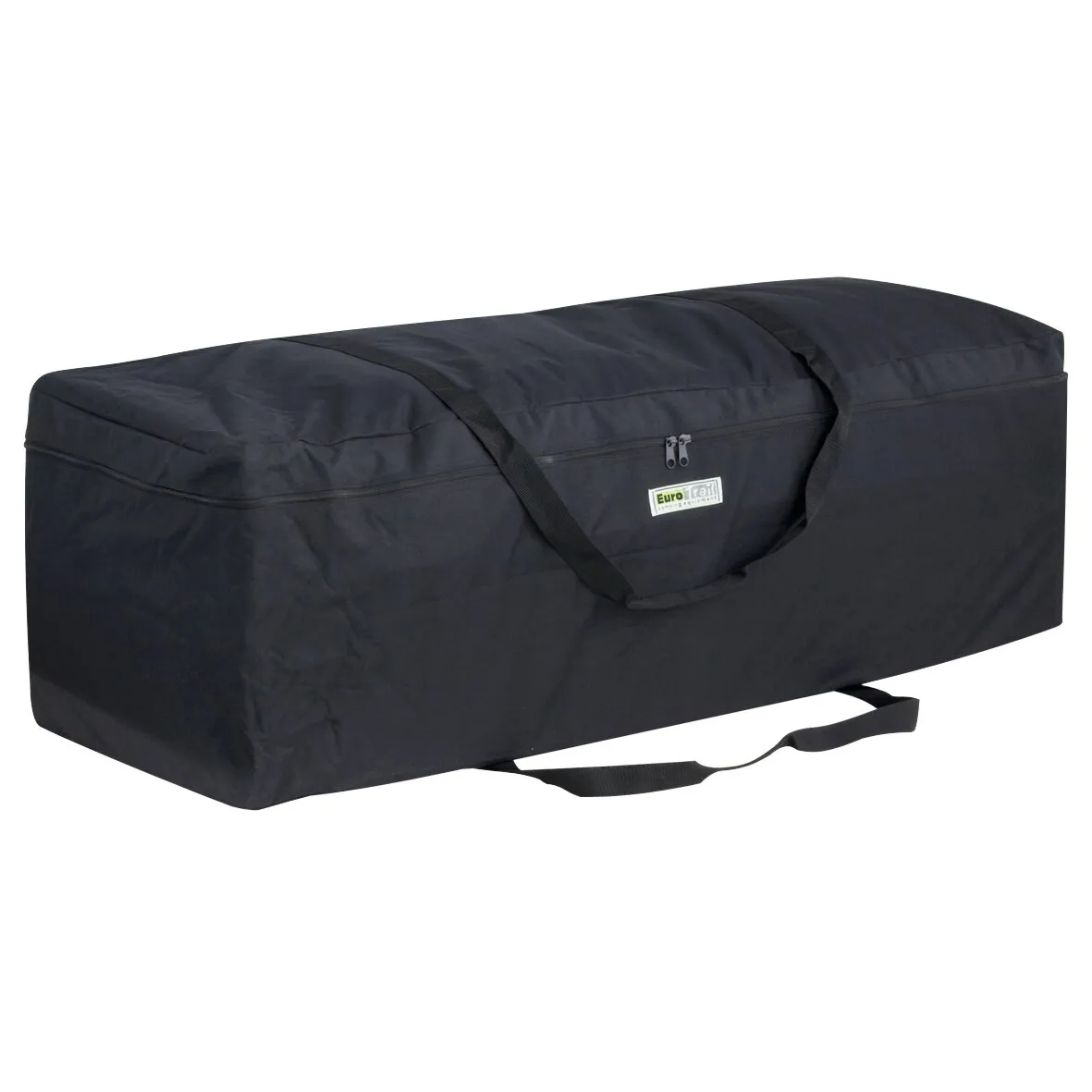 Schwarze rechteckige Packtasche für ein Zelt mit Reißverschluss, zwei Tragegriffen und Eurotrail-Logo