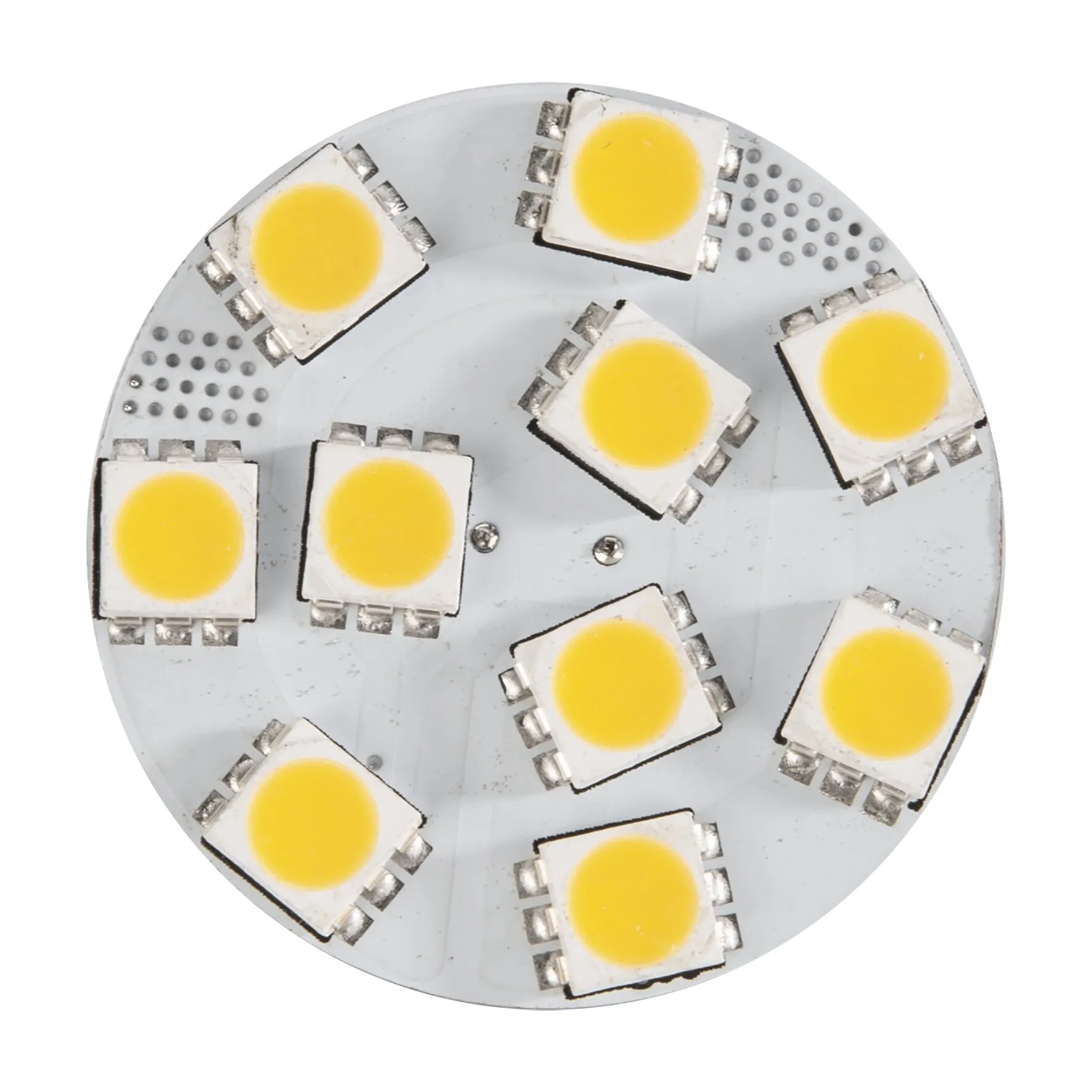 Nahaufnahme eines runden LED-Leuchtmittels GZ4 mit mehreren gelben LED-Chips auf einer weißen Platine