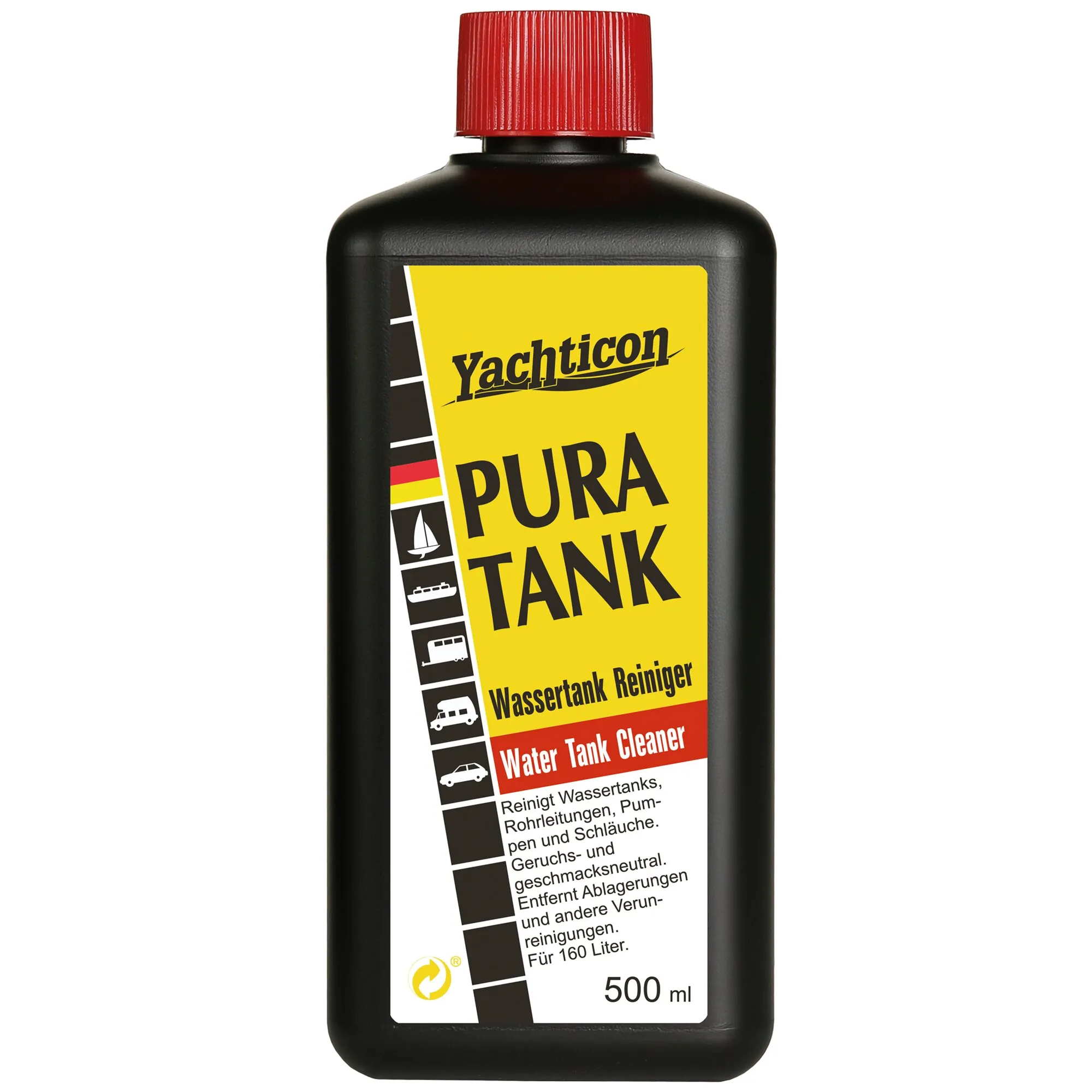 Schwarze Kunststoffflasche mit roter Schraubkappe, gelbes Etikett zeigt Pura Tank von Yachticon, links sichtbare Symbole und der Hinweis Wassertank Reiniger 500 ml