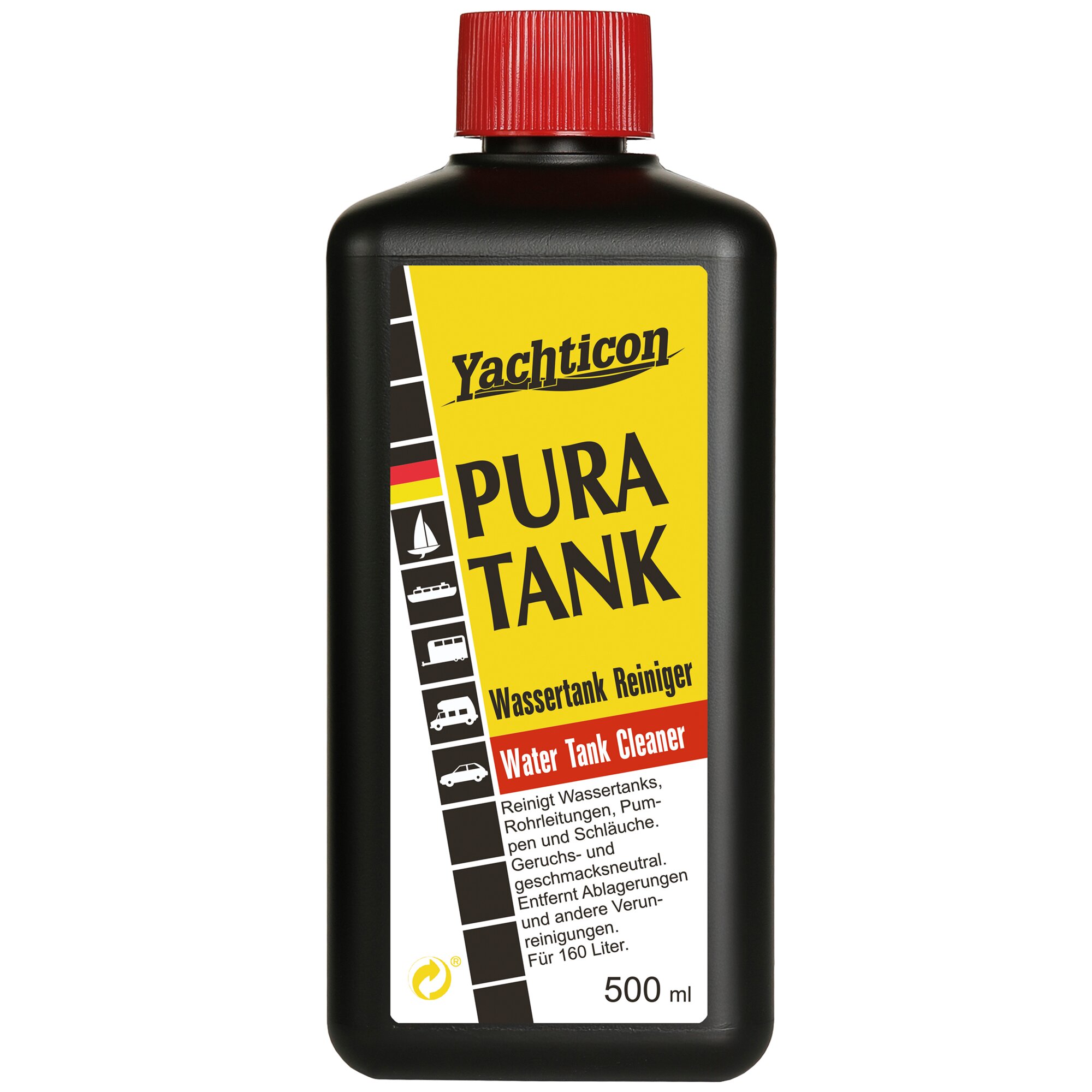 Schwarze Kunststoffflasche mit roter Schraubkappe, gelbes Etikett zeigt Pura Tank von Yachticon, links sichtbare Symbole und der Hinweis Wassertank Reiniger 500 ml