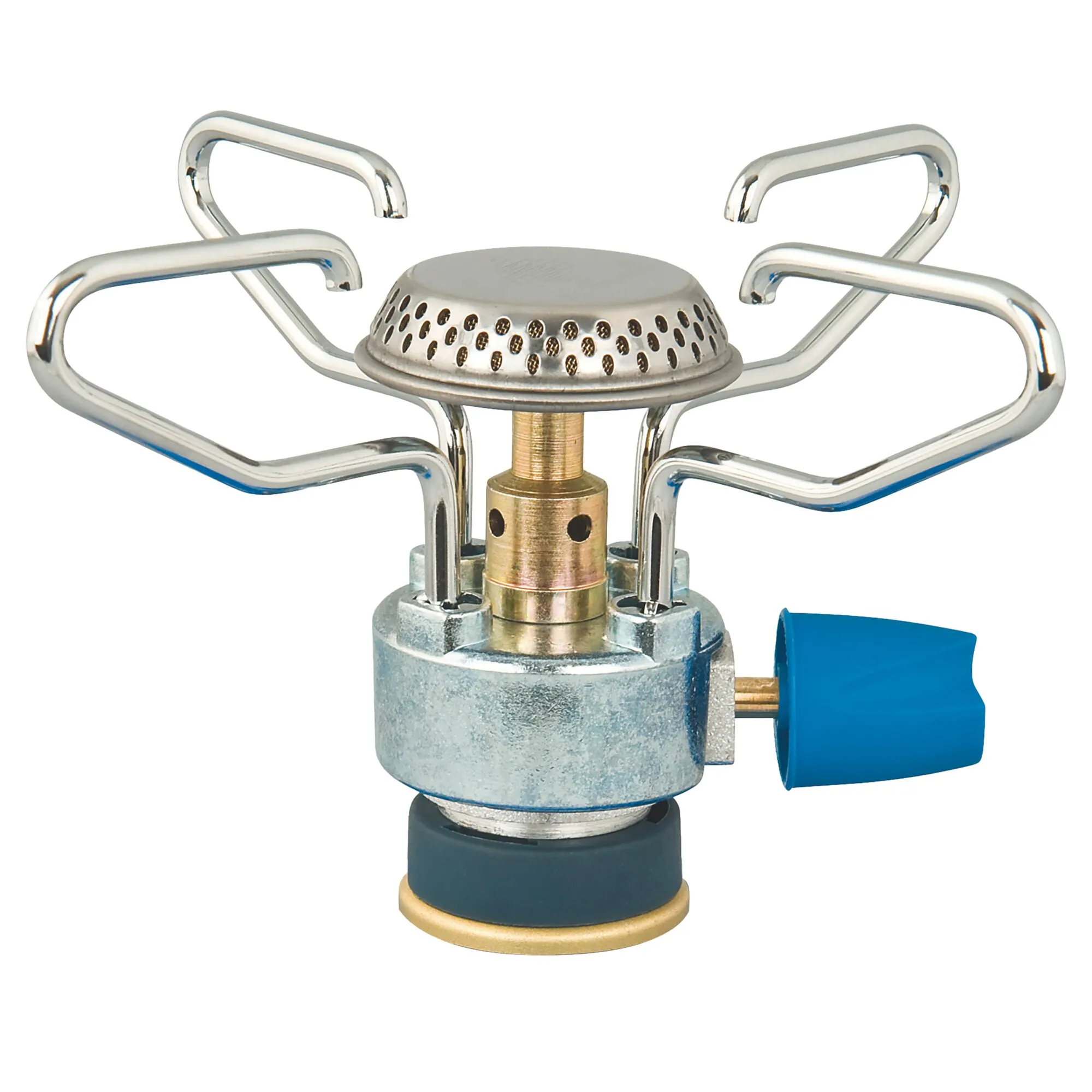 Gaskocher Bleuet® Micro Plus aus Metall mit vier ausklappbaren Topfauflagen und blauem Regelknopf in Detailansicht