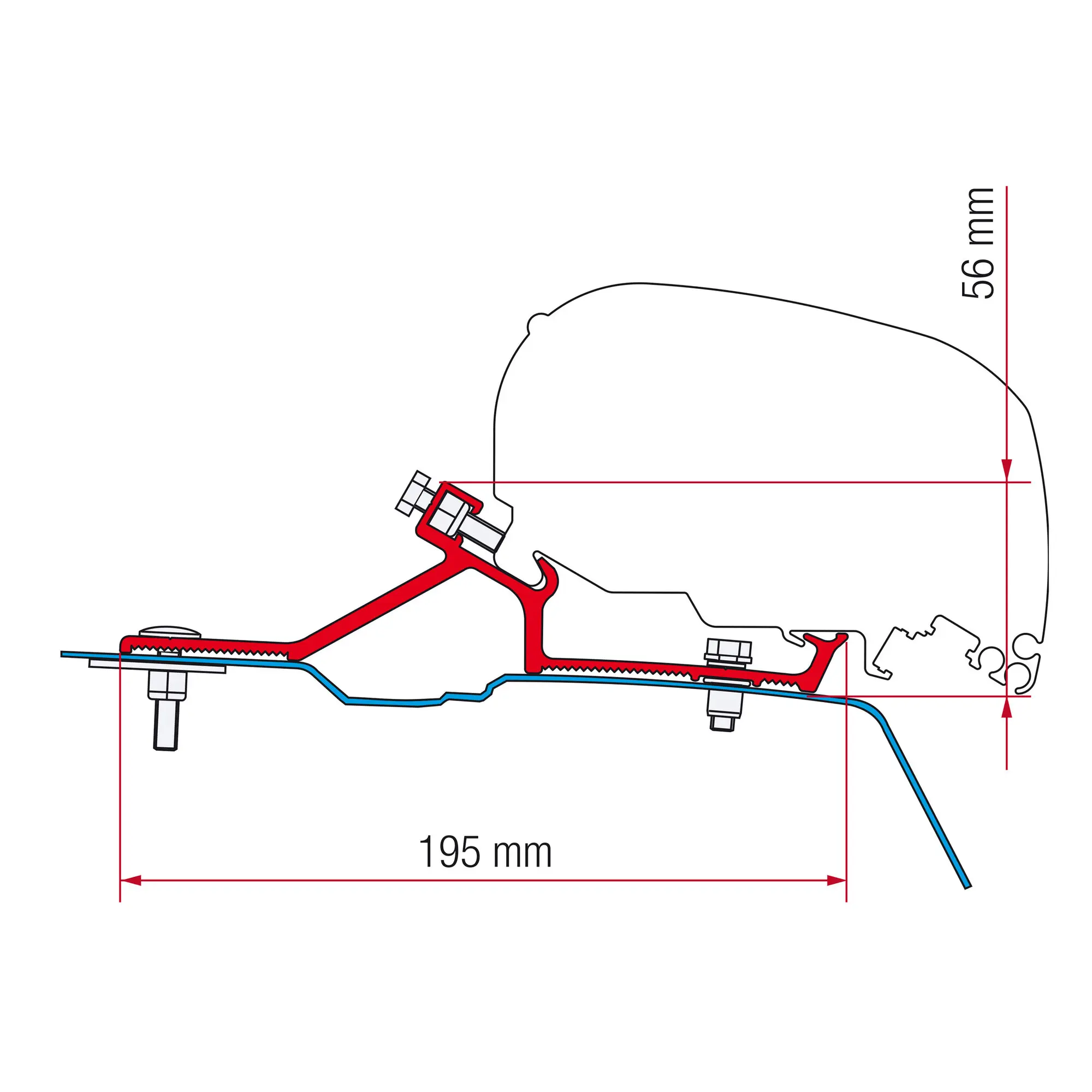 Technische Zeichnung eines Montagesets für Renault Master H2 ab 2010 mit rotem Träger, roten und blauen Leitungen sowie Befestigungen und Maßen 195 mm Breite und 56 mm Höhe