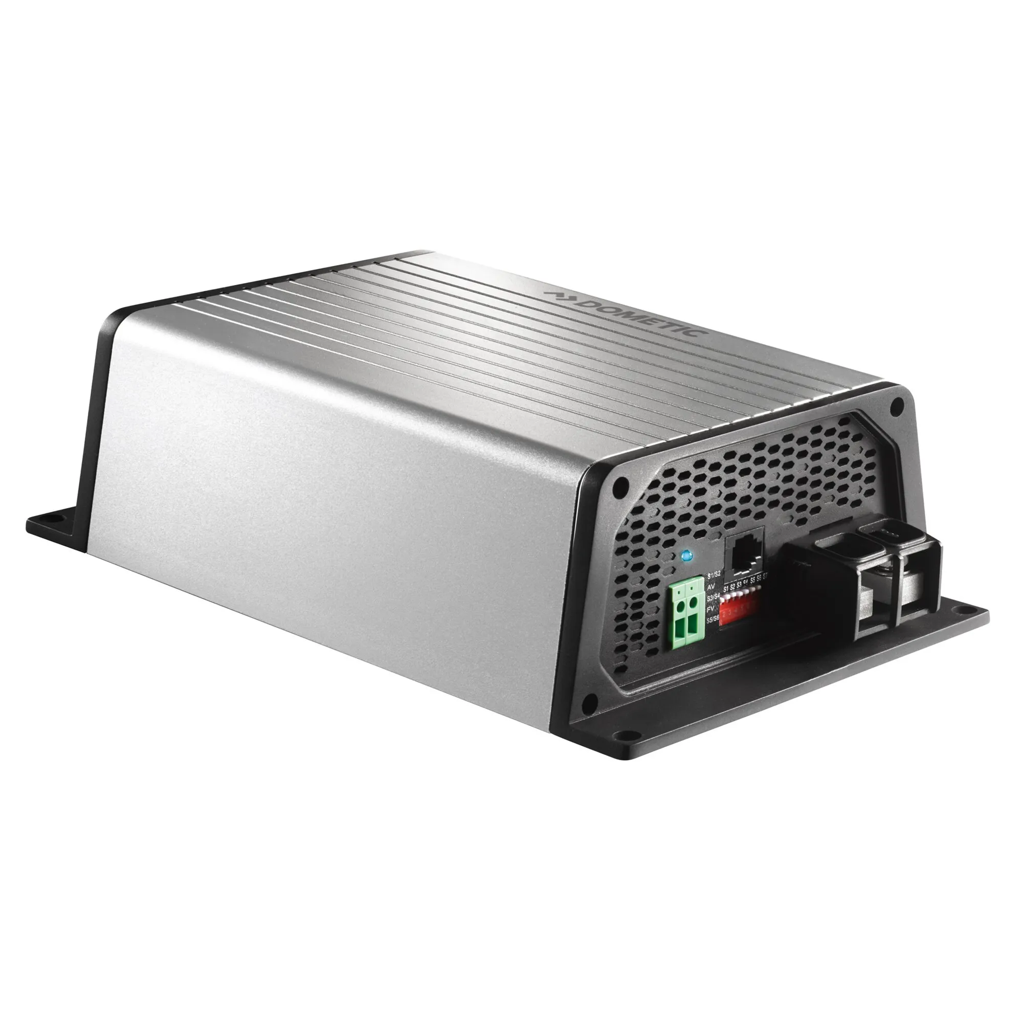Silberner DCC Ladebooster PerfectPower mit 20 A, geripptem Metallgehäuse, Lüftungsgitter, Status-LED und Anschlussklemmen