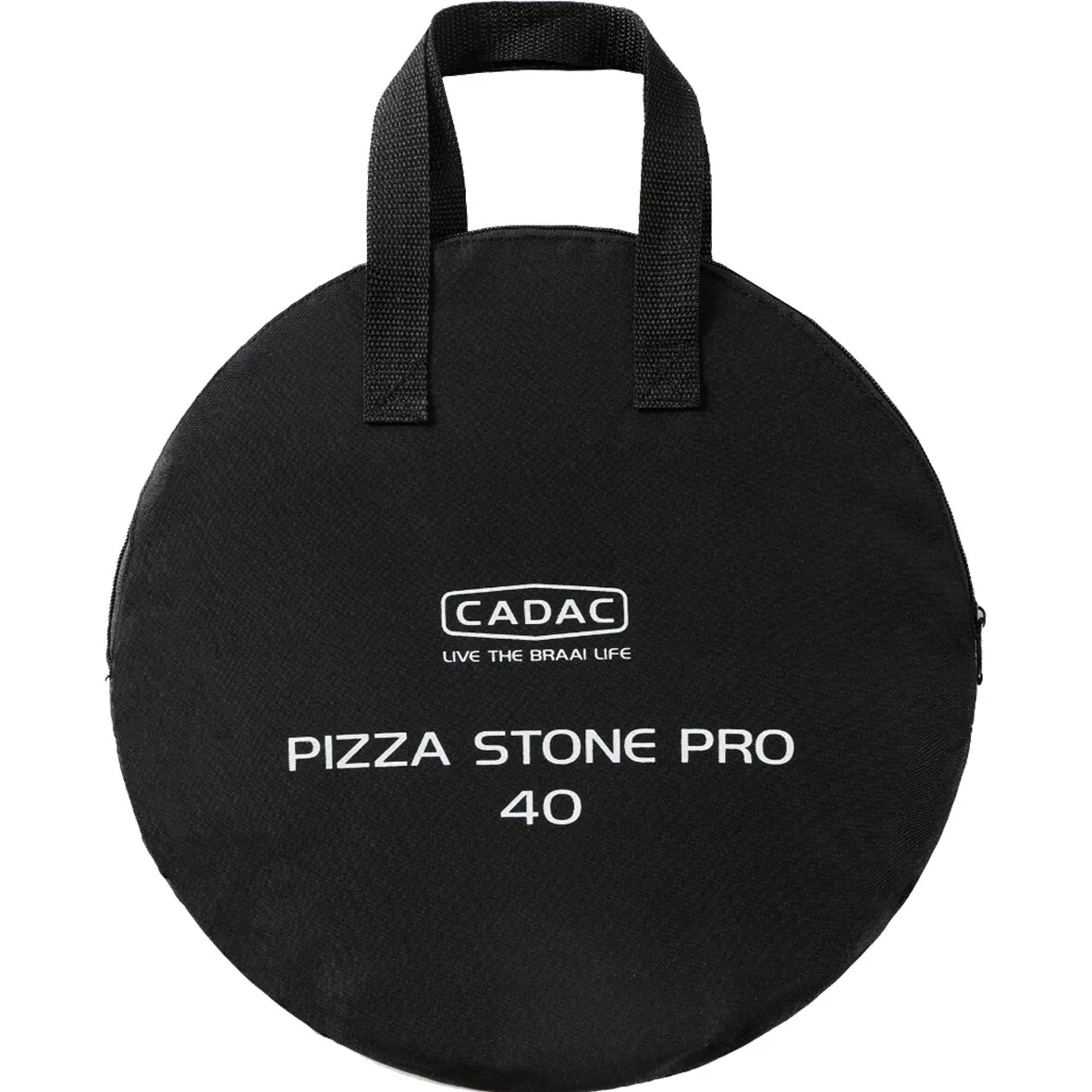 Schwarze runde Transporttasche mit Tragegriffen für den CADAC Pizza Stone Pro, Aufdruck Pizza Stone Pro 40