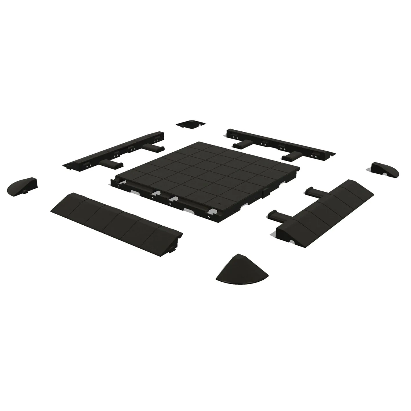 Schwarze Ecke-Bodenfliese IsabellaFloor als zerlegte Modulfläche mit quadratischem Fliesenraster, Randprofilen und Eckteilen
