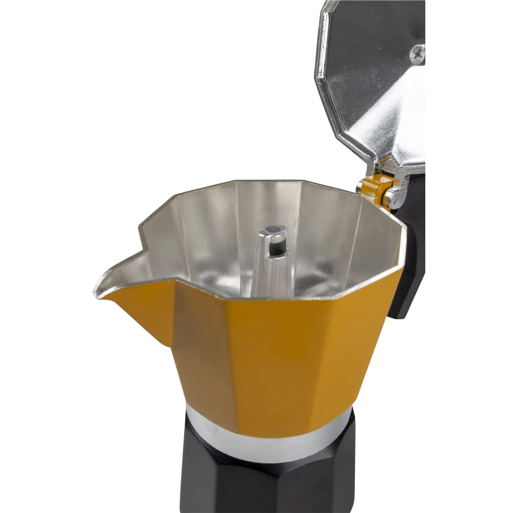 Kaffeebereiter Hudson in Schwarz und Senfgelb, geöffnet mit sichtbarem Metallfilter und zentralem Steigrohr