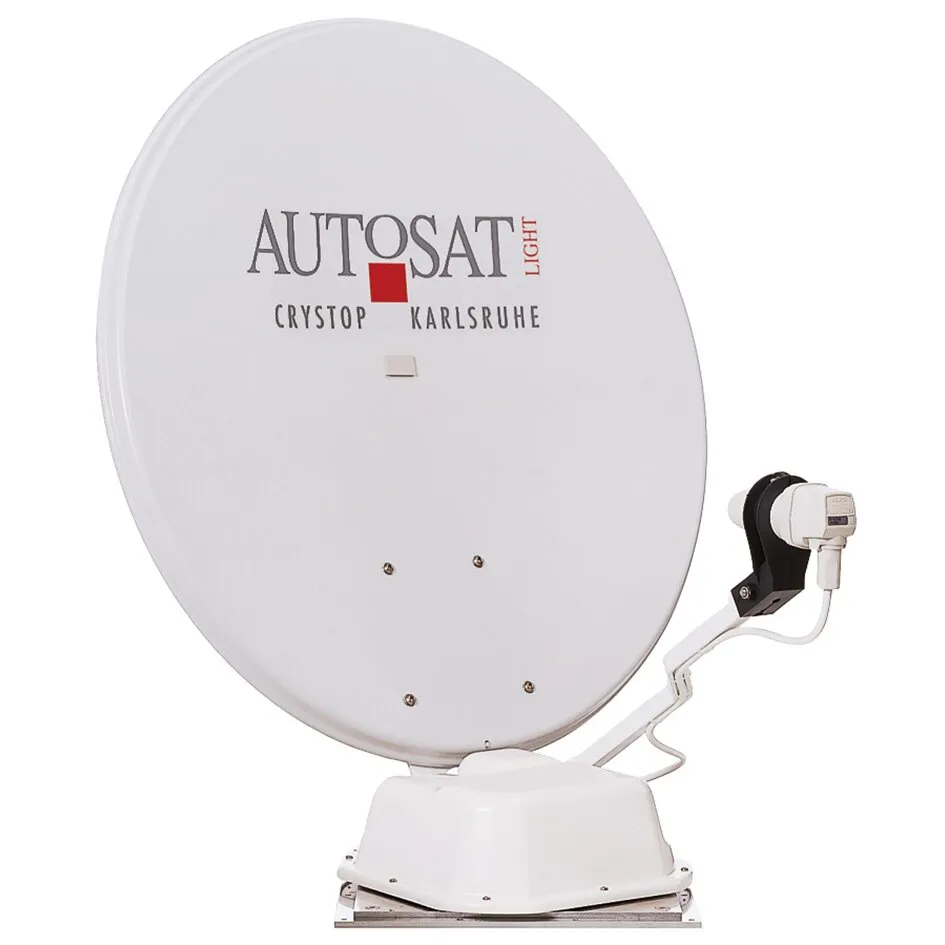 Weiße AutoSat Light S Digital Twin-Satellitenanlage mit großer Parabolantenne, LNB und motorisierter Basisstandhalterung