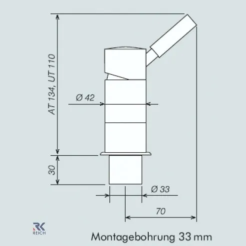 Technische Seitenansicht des Einhebelmischers Keramik Trend E von Reich A mit schrägem Hebel und Montagebohrung 33 mm