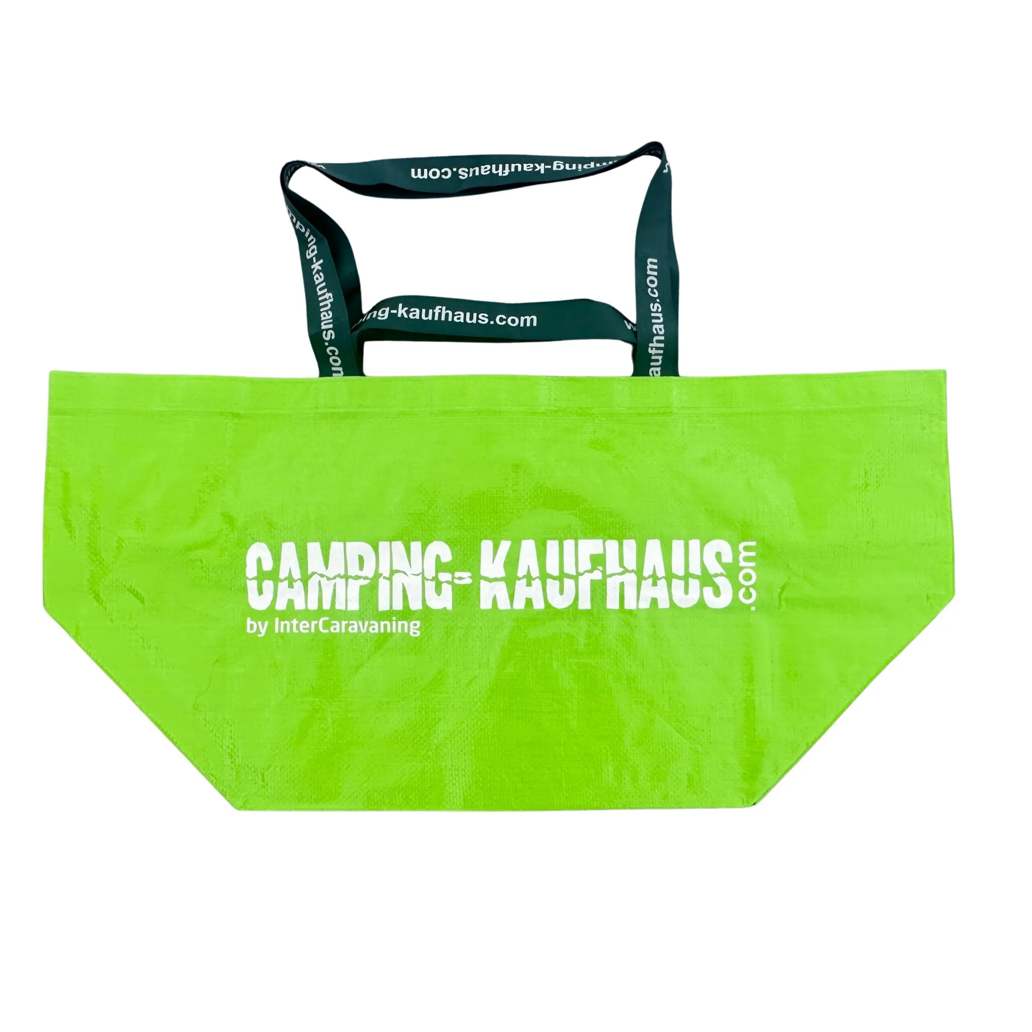 Große neongrüne Tragetasche mit dunkelgrünen Henkeln und Aufdruck Camping-Kaufhaus by InterCaravaning sowie Camping-kaufhaus.com