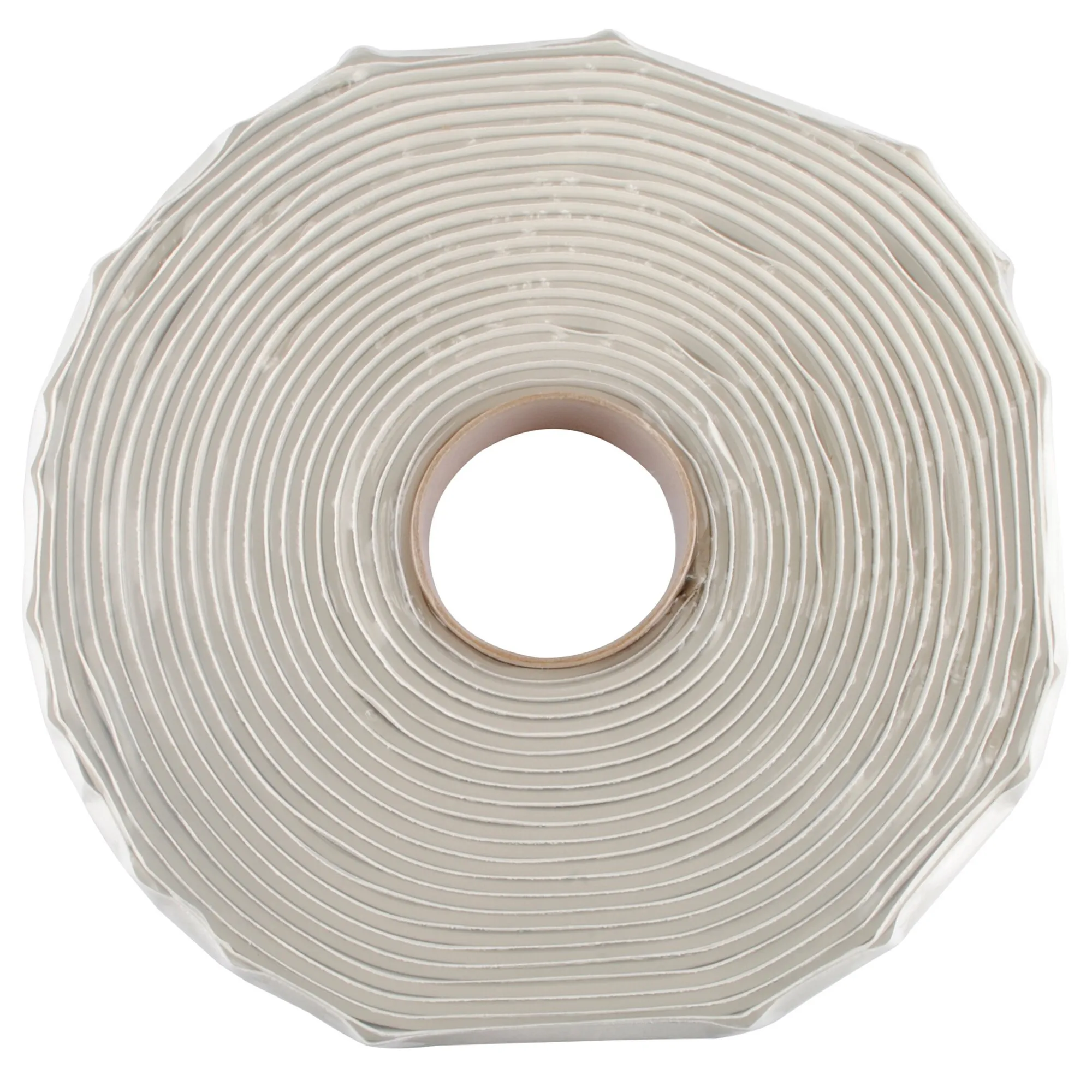 Weiße Rolle Butyl-Dichtband, 20 mm breit und 9,10 m lang, frontal aufgewickelt mit sichtbarem Pappkern