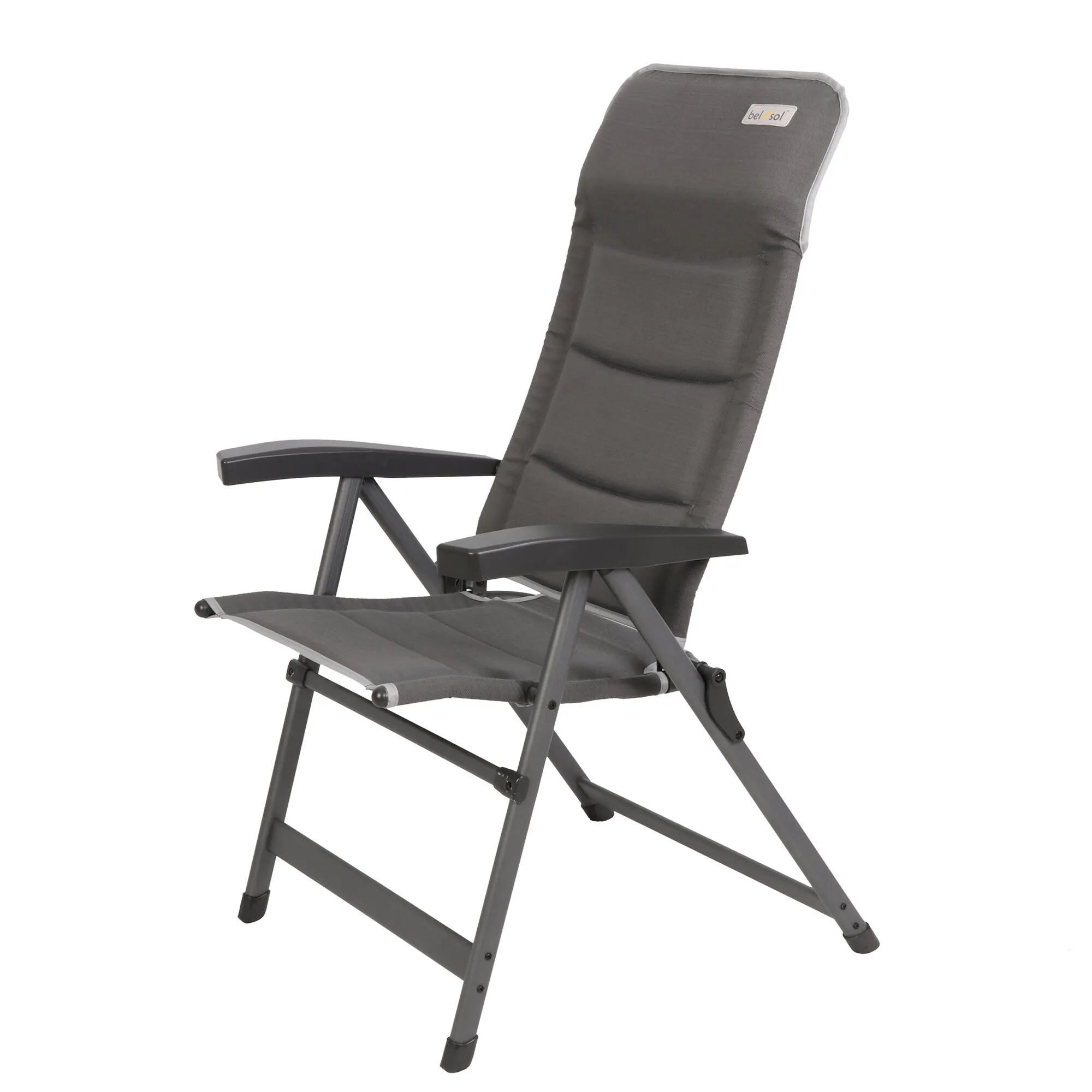 Campingstuhl Theresa in Grau mit verstellbarer Rückenlehne, Armlehnen und klappbarem Metallgestell