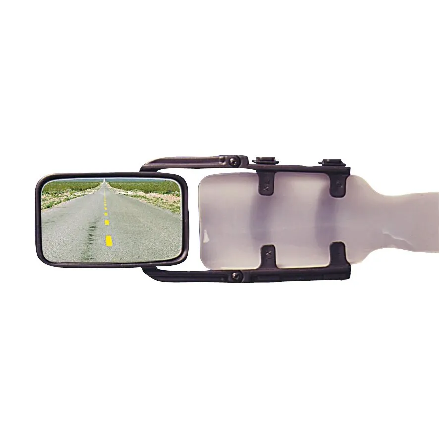 Caravanspiegel Europe XL mit schwarzem rechteckigem Spiegel, transparenter Halterung und sichtbarer Straßenreflexion
