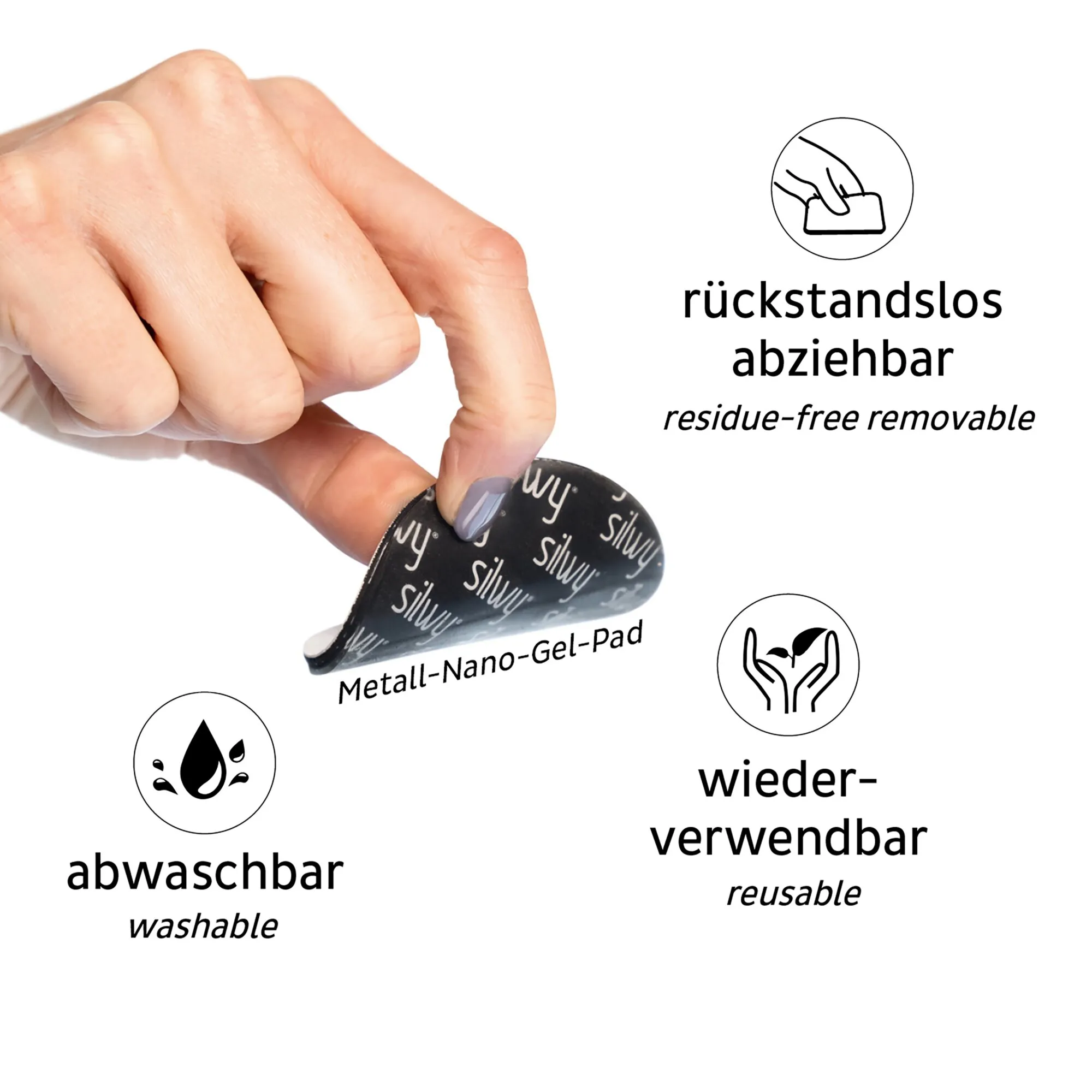Hand zieht einen schwarzen Magnet-Pin mit Metall-Nano-Gel-Pad ab; Hinweise nennen rückstandsloses Abziehen, Abwaschbarkeit und Wiederverwendbarkeit