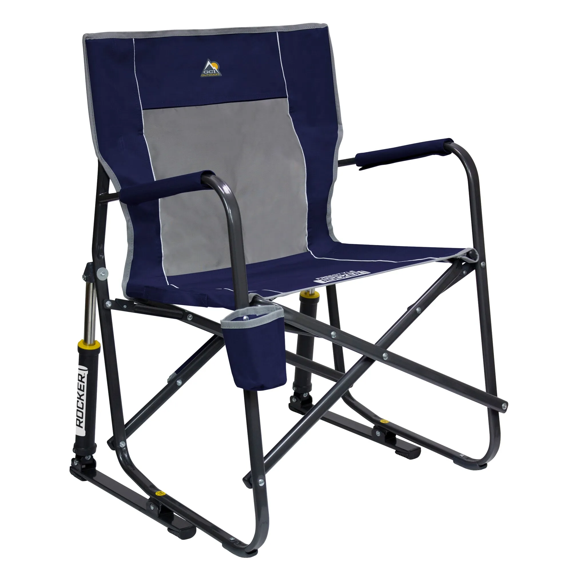Blauer Camping-Schaukelstuhl Freestyle Rocker mit grauer Sitzfläche, schwarzem Metallgestell und integriertem Getränkehalter