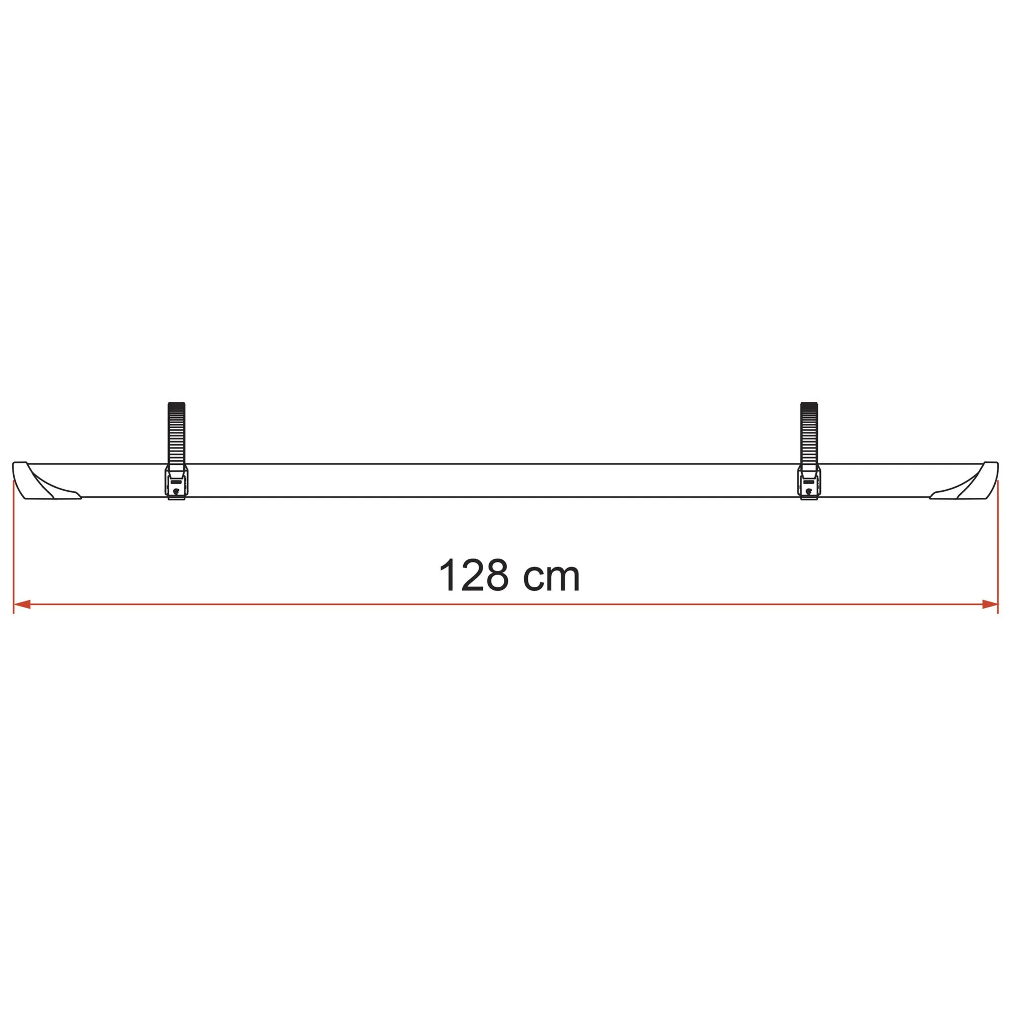 Fahrradschiene Rail Quick Pro in Seitenansicht mit zwei Befestigungselementen und Maßangabe 128 cm