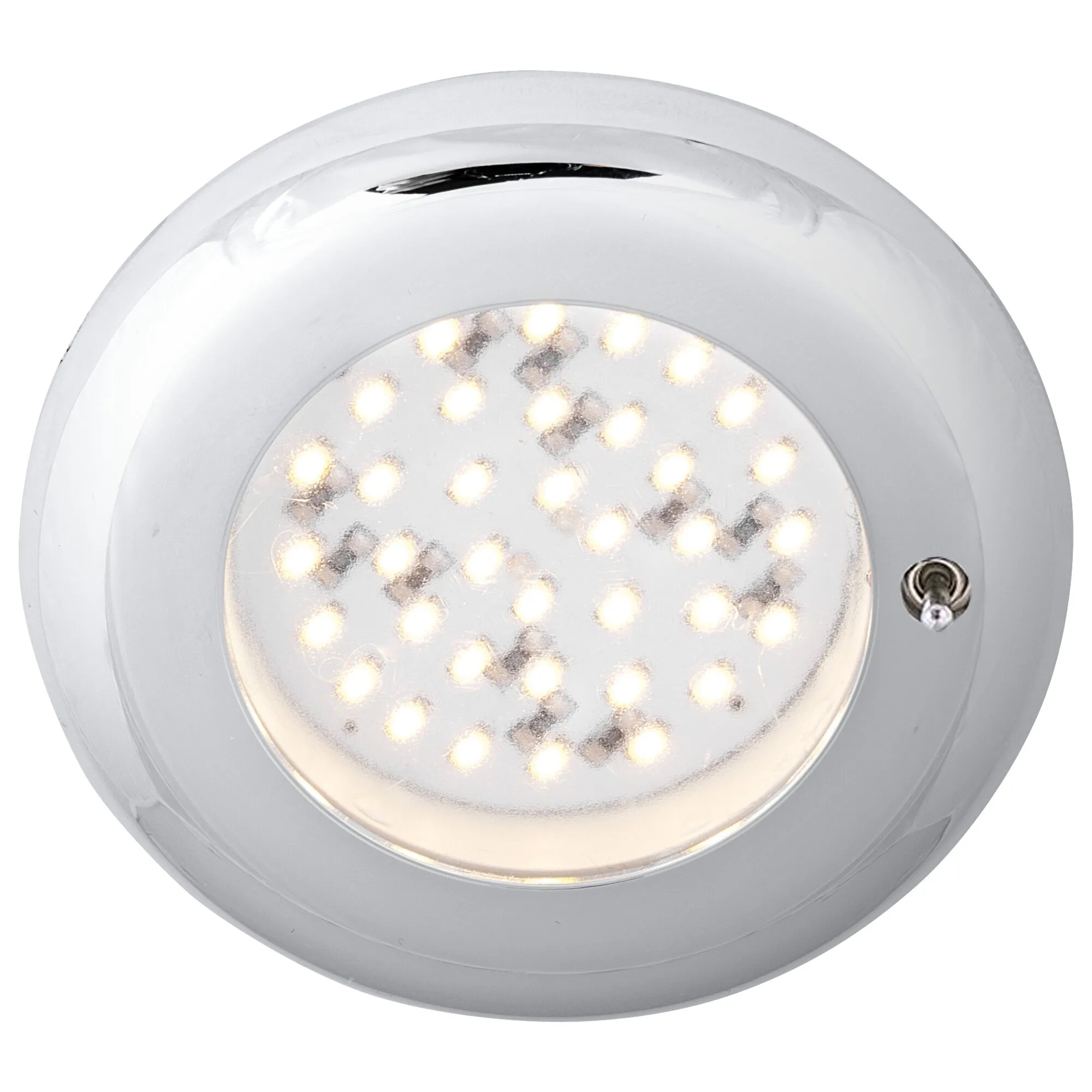 Runder chromfarbener Einbauspot Nova mit eingeschaltetem LED-Leuchtmittel, sichtbarer Glasabdeckung und seitlichem Schalter