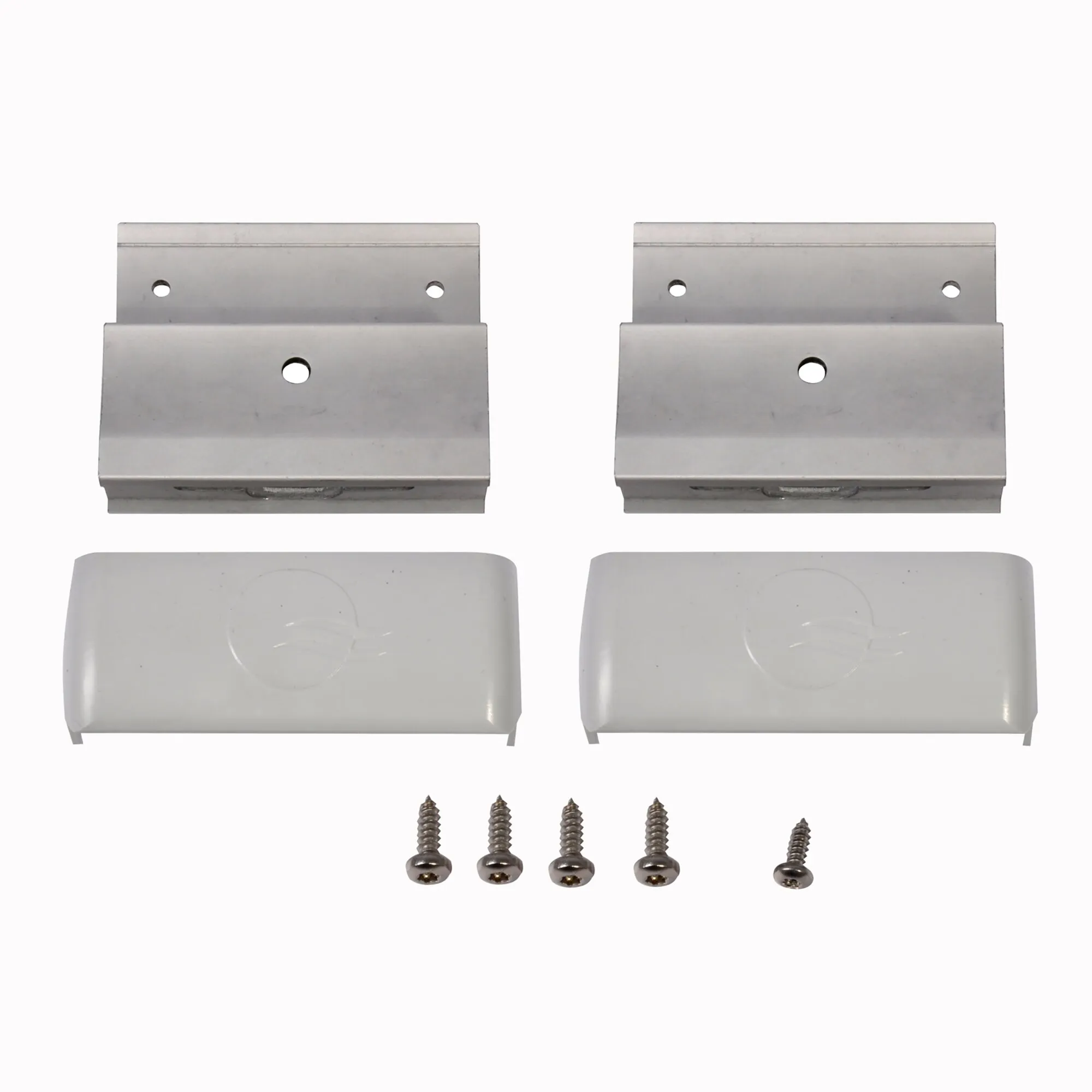 Zwei graue Metallstützen mit Abdeckkappen für Thule Roof-Rack sowie fünf passende Befestigungsschrauben auf weißem Hintergrund