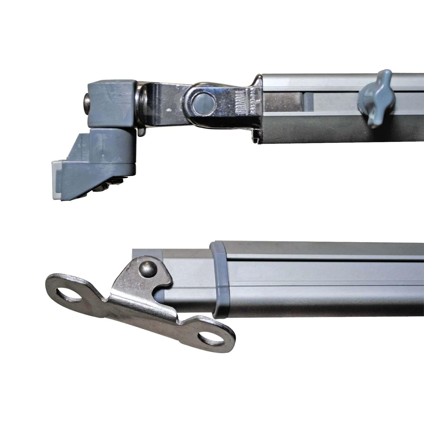 Stützfuß 370–400 rechts für Fiamma-Markise F65, graues Aluminiumprofil mit Gelenk und Befestigungsplatte in Detailansicht