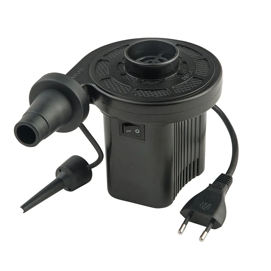 Schwarze Elektropumpe für 230 Volt mit Ein- und Ausschalter, Schlauchanschluss, Luftdüse und zweipoligem Netzstecker