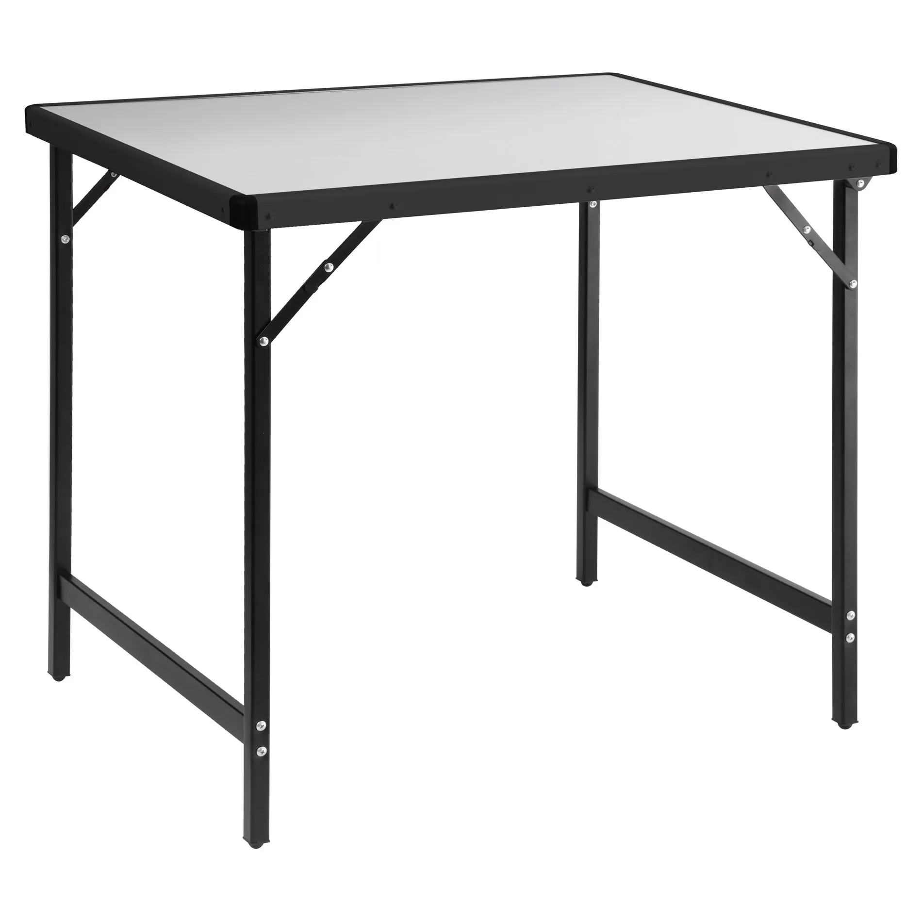 Stuhl-/Tischset Compact mit rechteckiger hellgrauer Tischplatte und schwarzem klappbarem Metallgestell in Seitenansicht