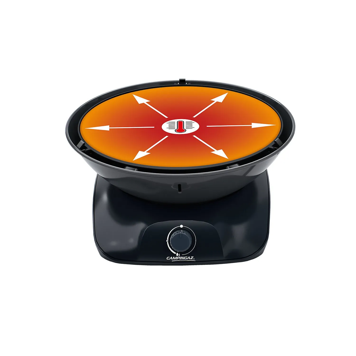 Schwarzer runder Campingaz Tischgrill 360 Grill CV mit orangefarbener Grillfläche, Temperaturregler und Wärmesymbol in der Mitte