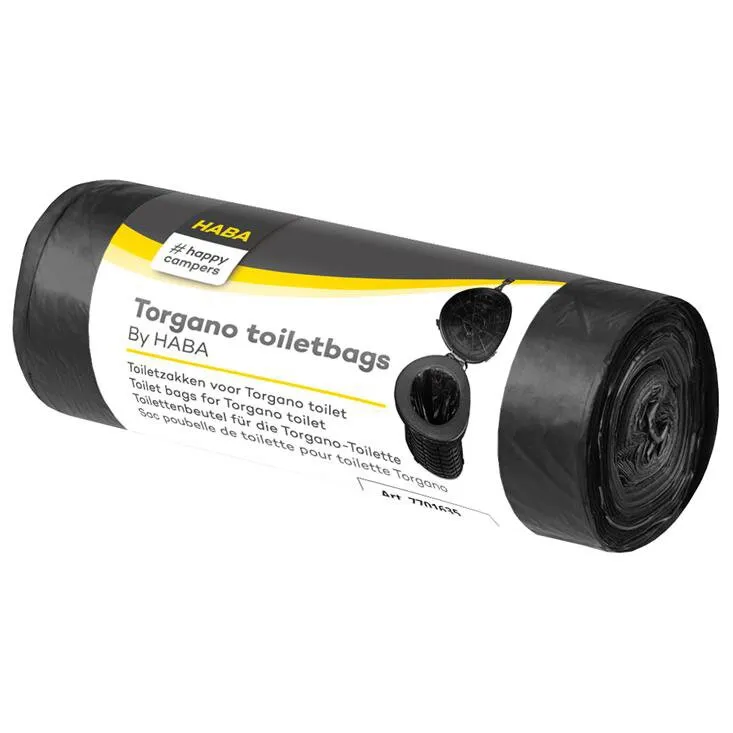 Schwarze Torgano Toilettenbeutelrolle von HABA mit Verpackung und Abbildungen der passenden Teleskoptoilette