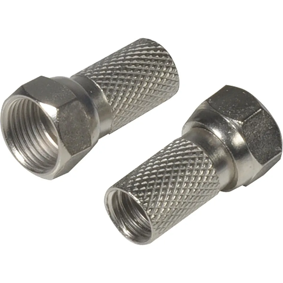 Zwei silberfarbene F-Stecker mit gerändeltem Gehäuse und sichtbarem Innengewinde für 7-mm-Koaxialkabel