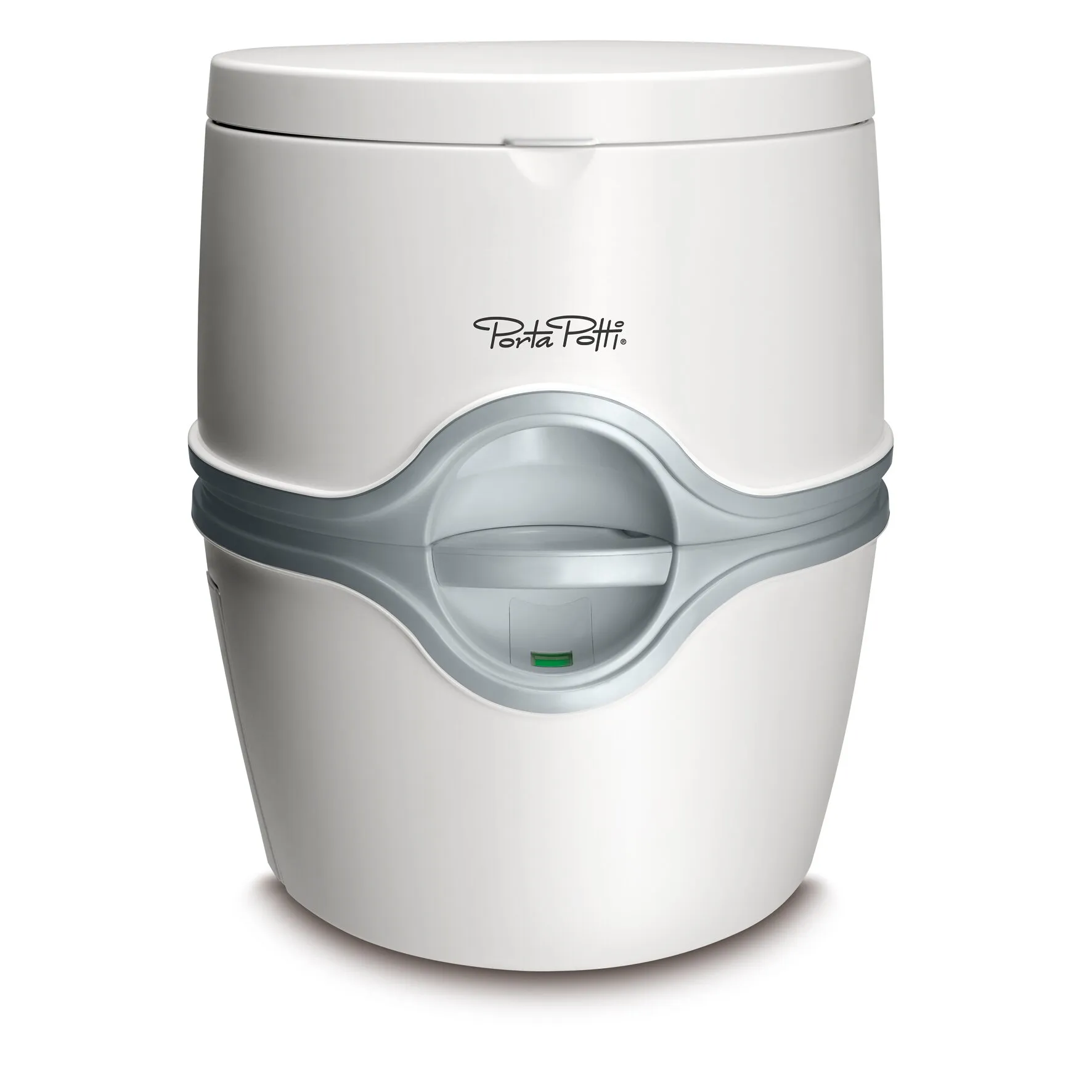 Weiße Porta-Potti-Campingtoilette PP 565 mit grauer Verriegelung und Füllstandsanzeige an der Vorderseite